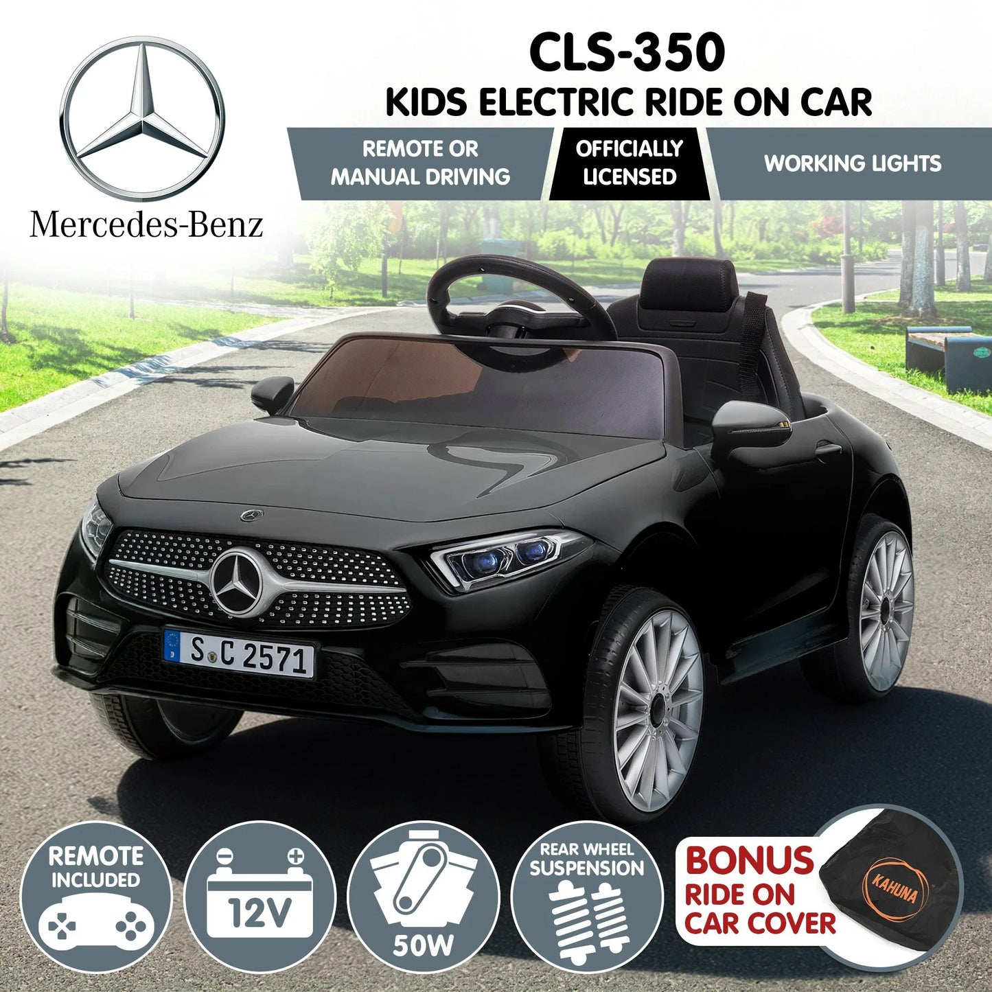 Kahuna Mercedes Benz CLS 350 Kids Electric Ride On Car with Remote Control - Black - Mekamart Australia