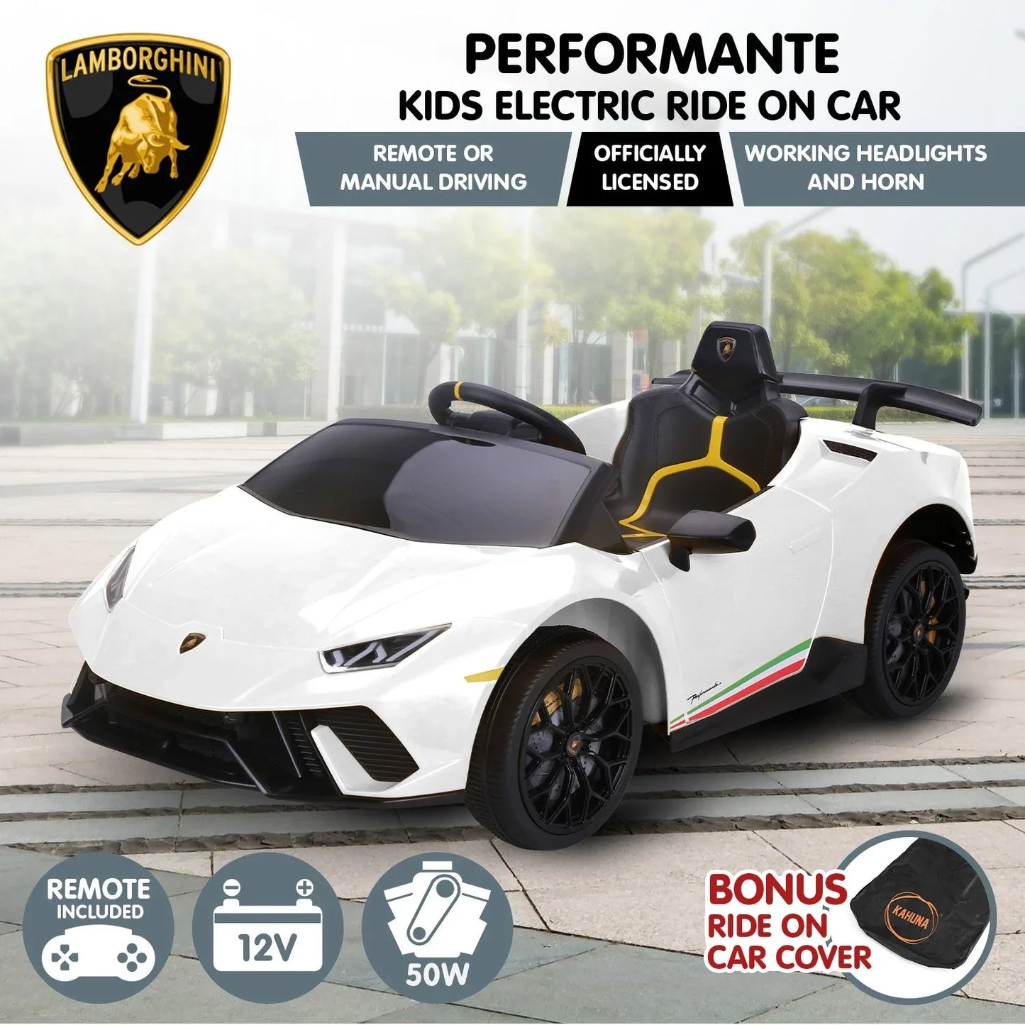 Kahuna Lamborghini Performante Kids Electric Ride On Car Remote Control by Kahuna - White - Mekamart Australia