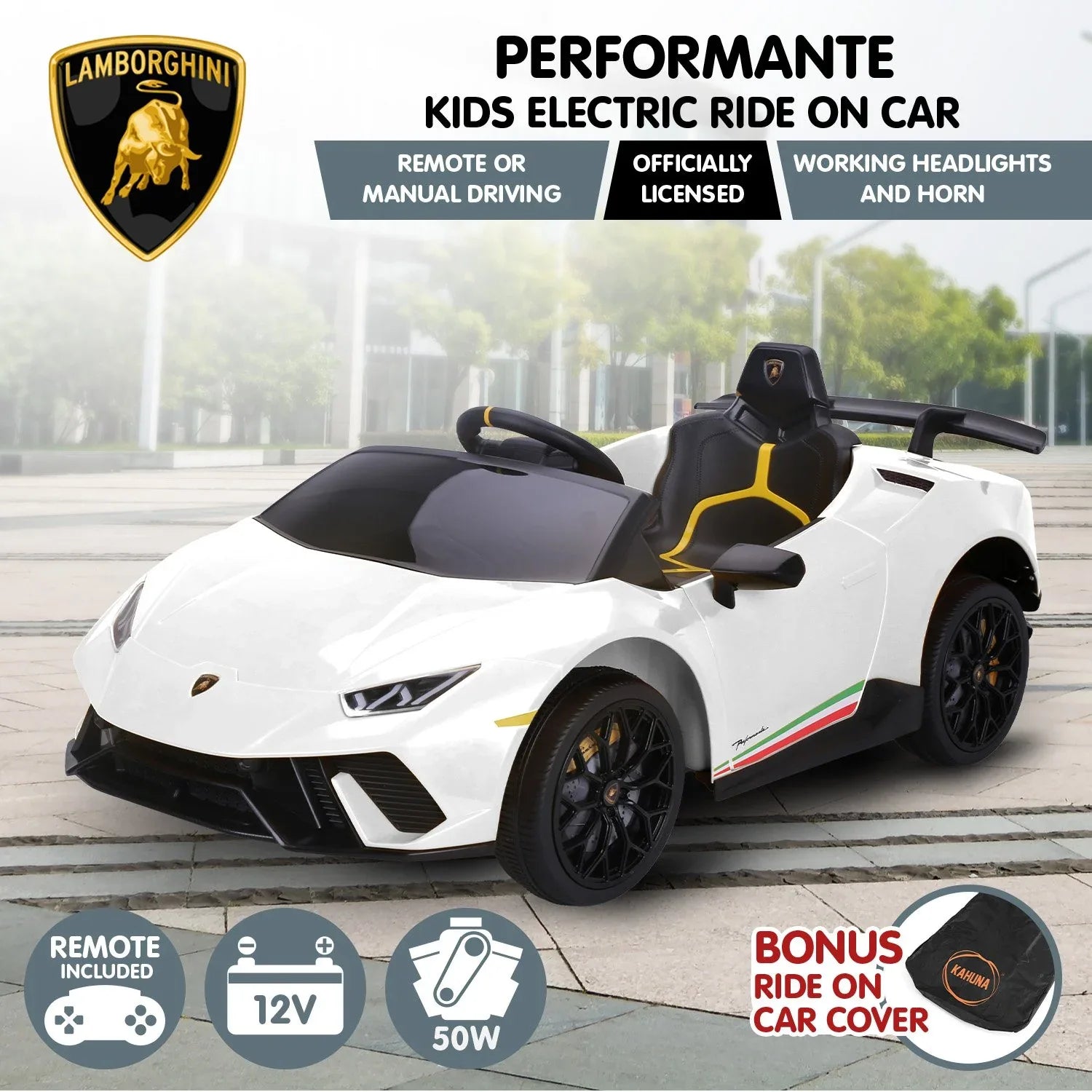 Kahuna Lamborghini Performante Kids Electric Ride On Car Remote Control by Kahuna - White - Mekamart Australia