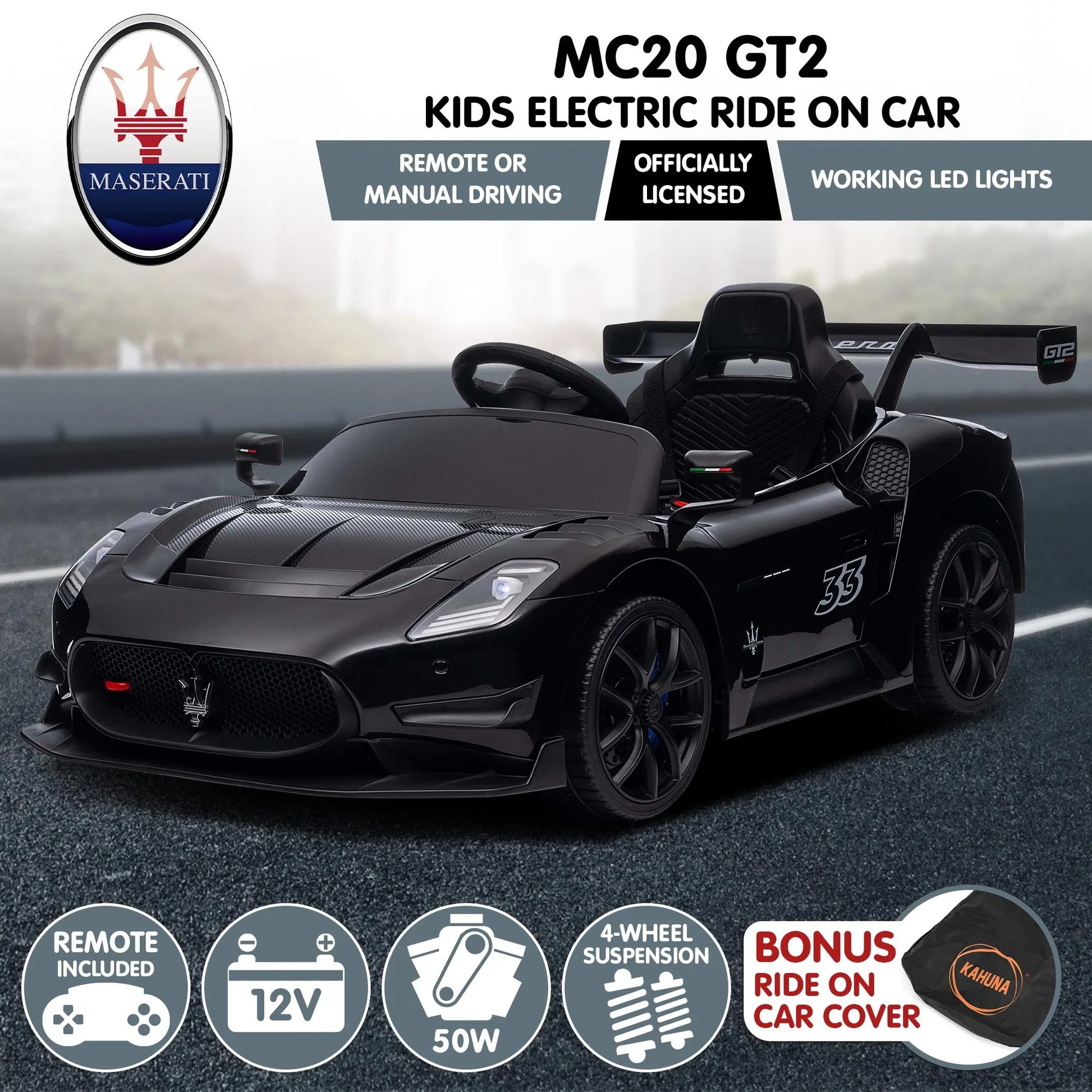 Kahuna Maserati MC20 GT2 Licensed Electric Kids Ride On Race Car Black - Mekamart Australia