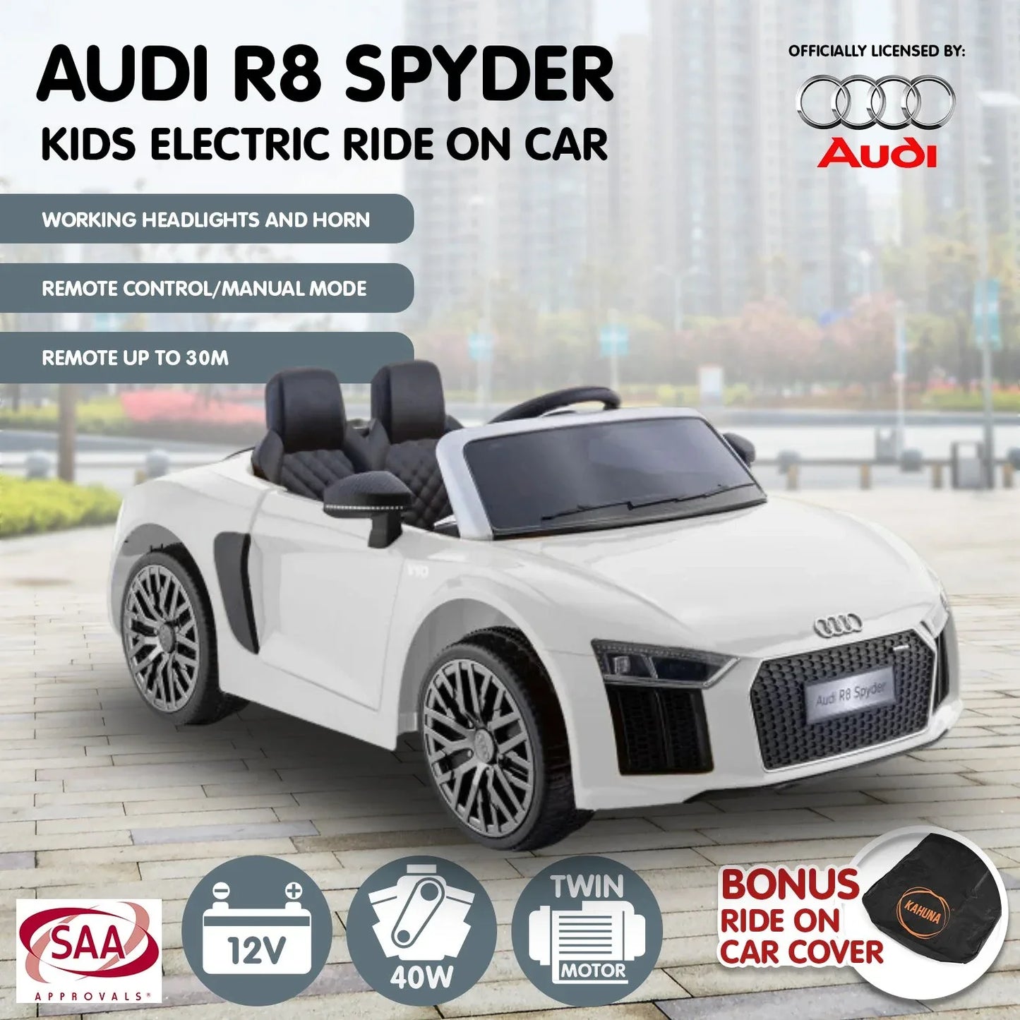 Kahuna Kahuna R8 Spyder Audi Licensed Kids Electric Ride On Car Remote Control - White - Mekamart Australia
