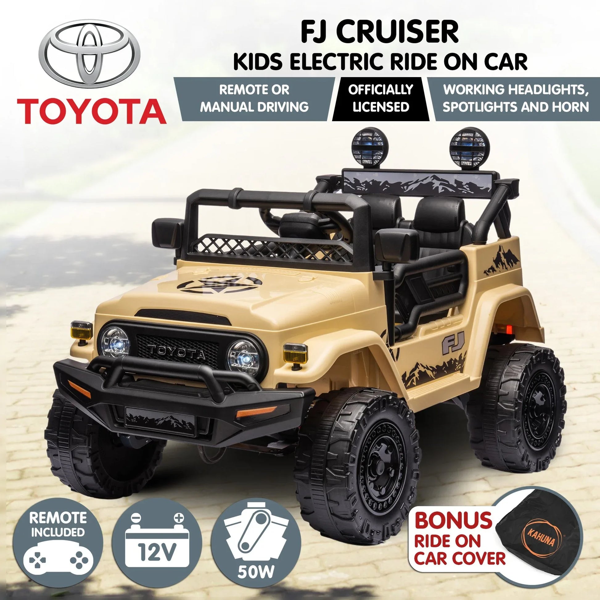 Kahuna Authorised Toyota Fj Cruiser Kids Electric Ride On Car - Khaki - Mekamart Australia