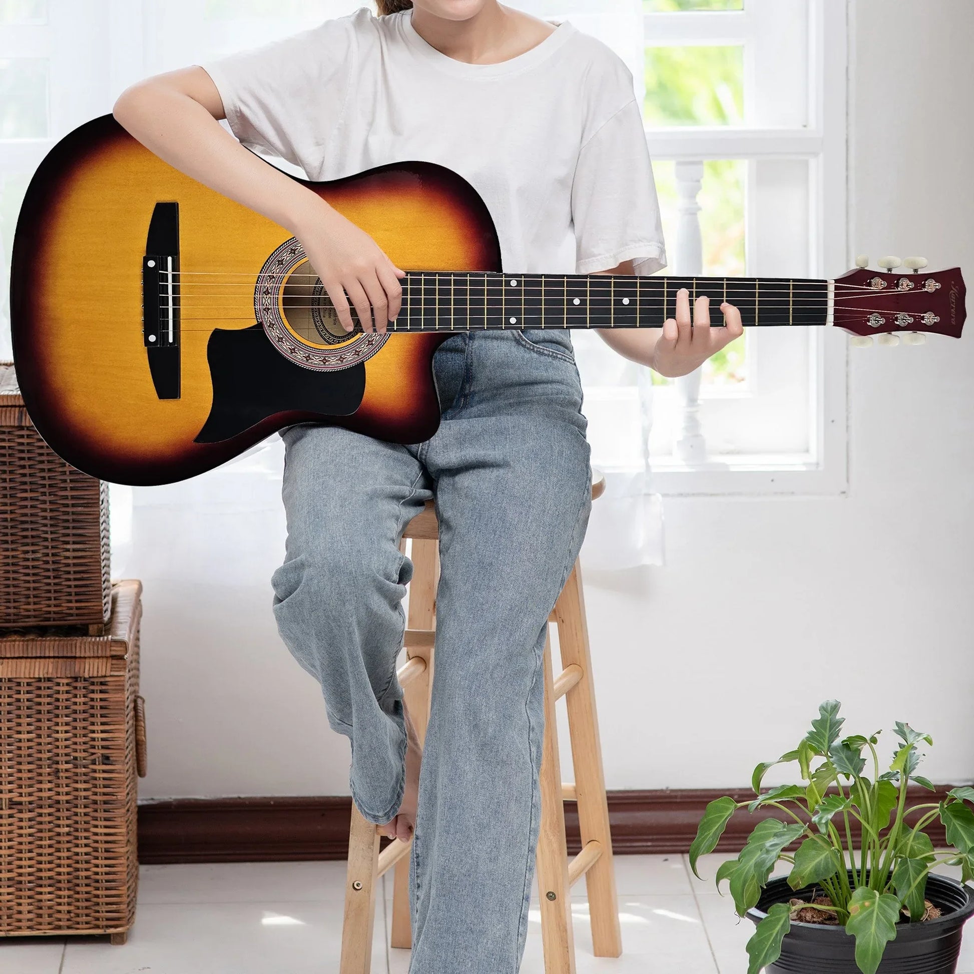 Karrera 38in Acoustic Guitar Steel Strings Carry Bag Shoulder Strap Sun Burst - Mekamart Australia