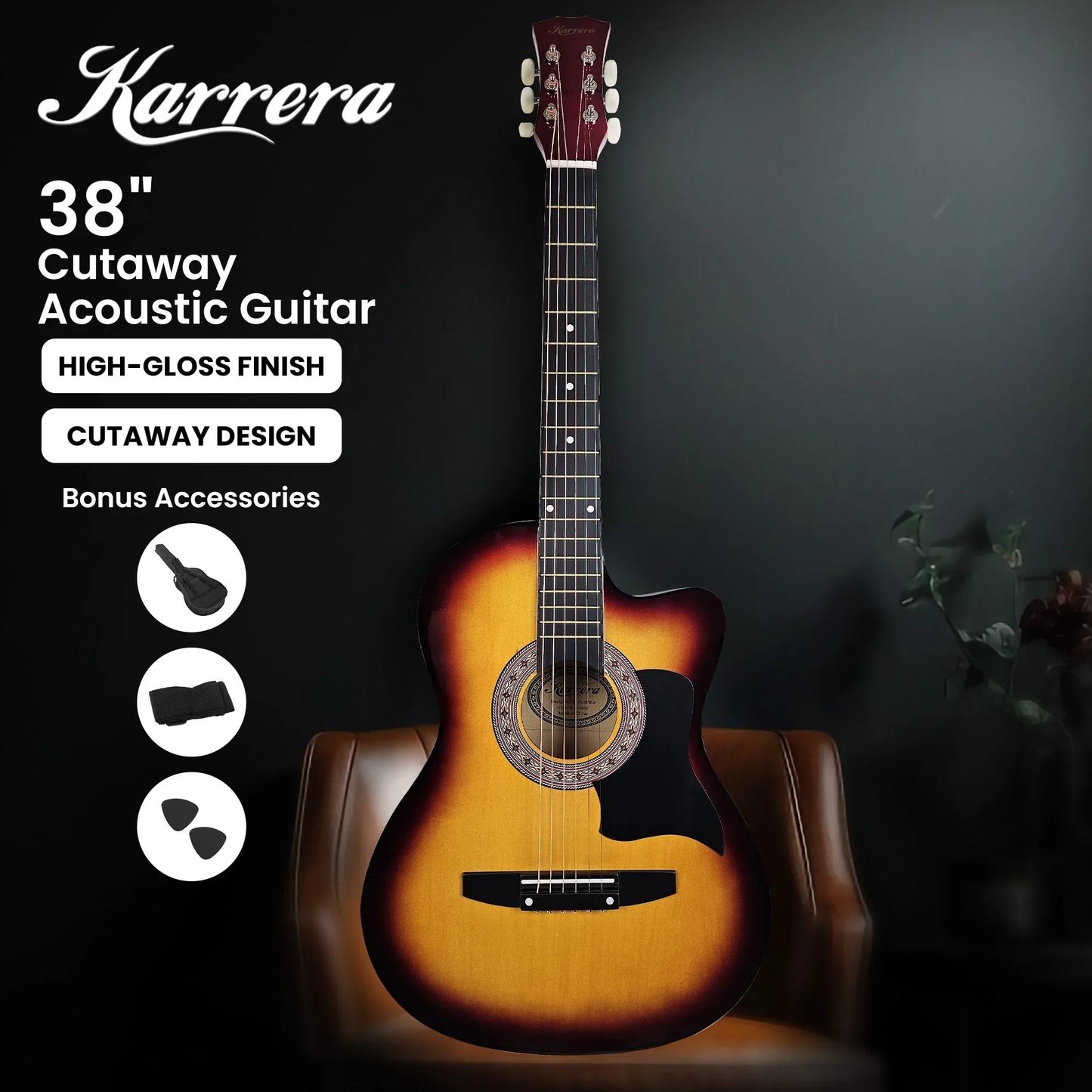 Karrera 38in Acoustic Guitar Steel Strings Carry Bag Shoulder Strap Sun Burst - Mekamart Australia