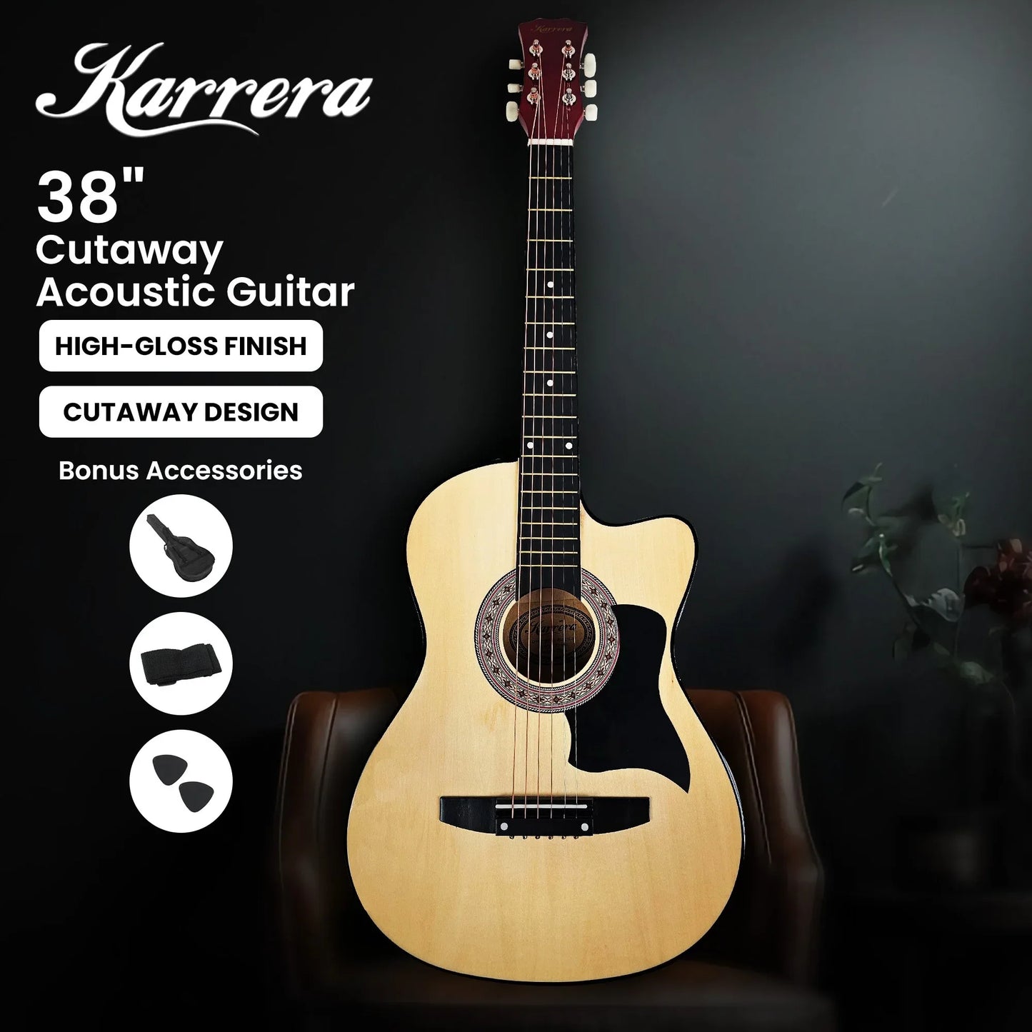 Karrera 38in Cutaway Acoustic Guitar with guitar bag - Natural - Mekamart Australia