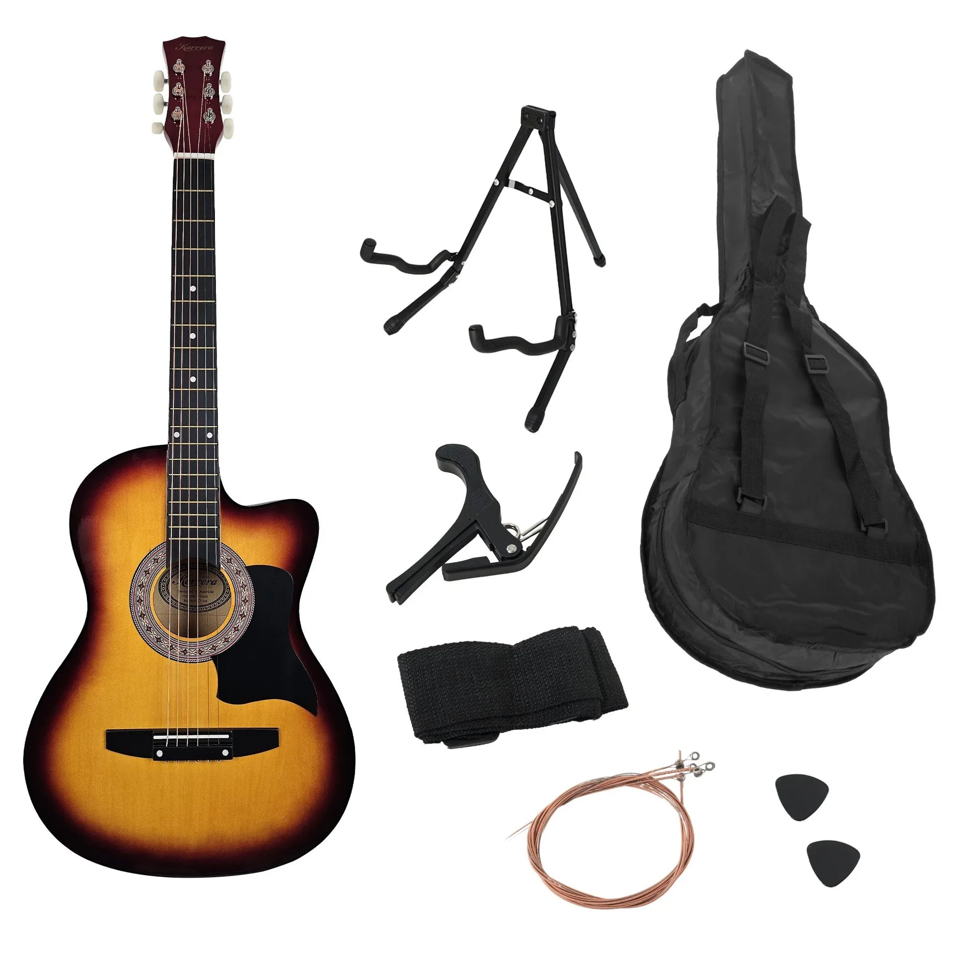 Karrera 38in Pro Cutaway Acoustic Guitar with Bag Strings - Sun Burst - Mekamart Australia