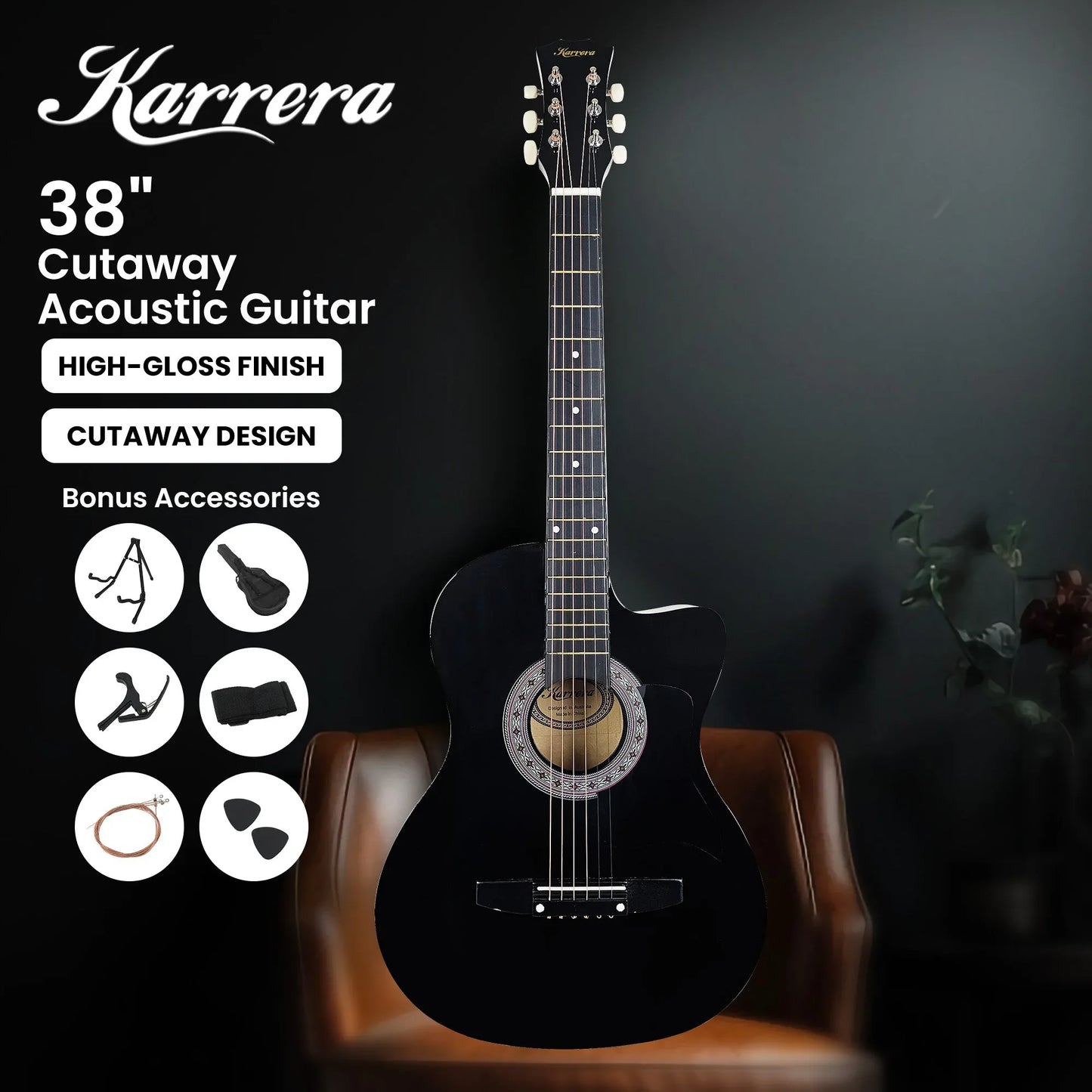 Karrera 38in Pro Cutaway Acoustic Guitar with Carry Bag - Black - Mekamart Australia