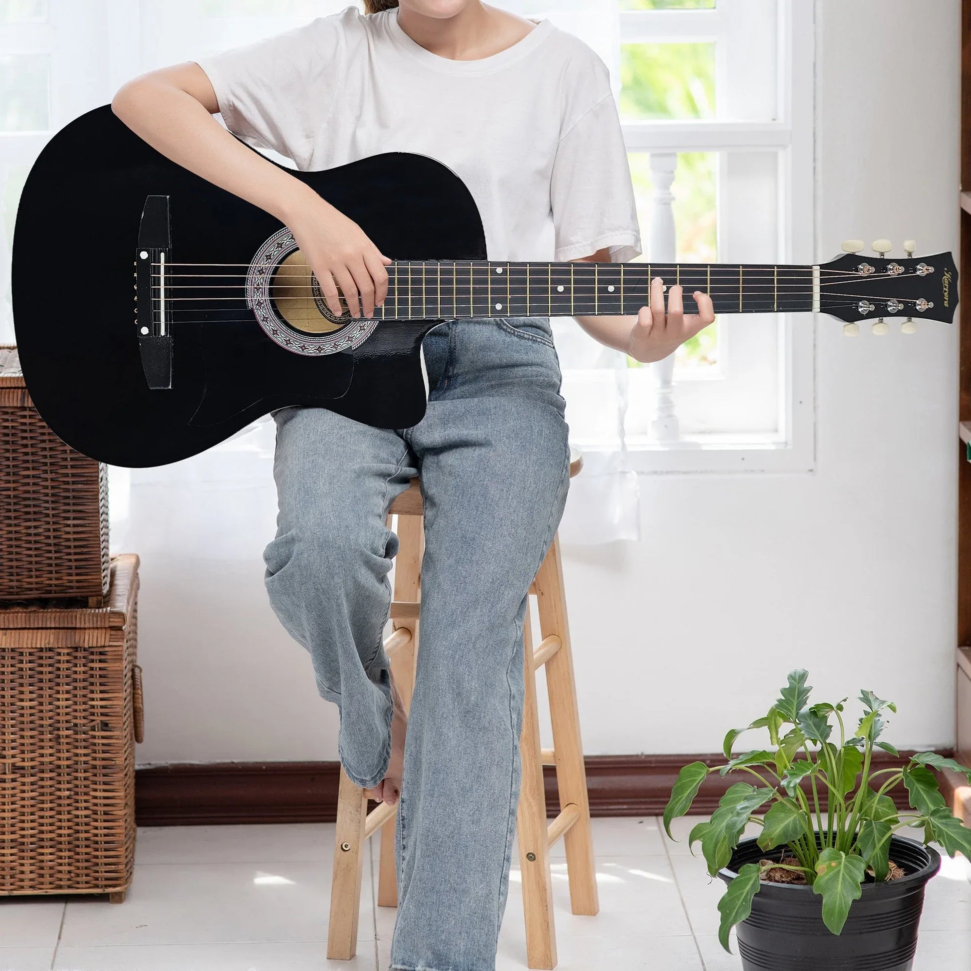 Karrera 38in Pro Cutaway Acoustic Guitar with Carry Bag - Black - Mekamart Australia