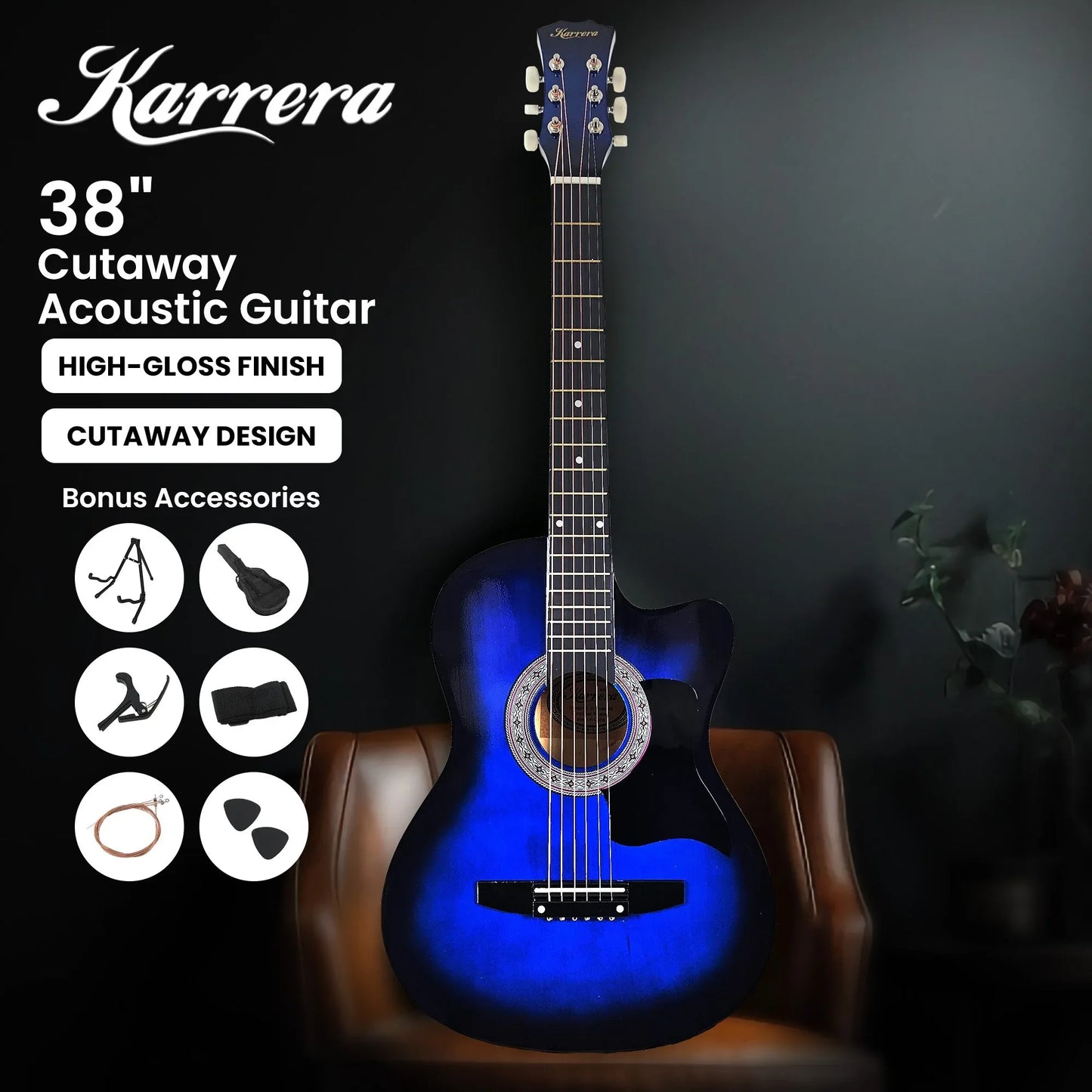 Karrera 38in Pro Cutaway Acoustic Guitar with Bag Strings - Blue Burst - Mekamart Australia