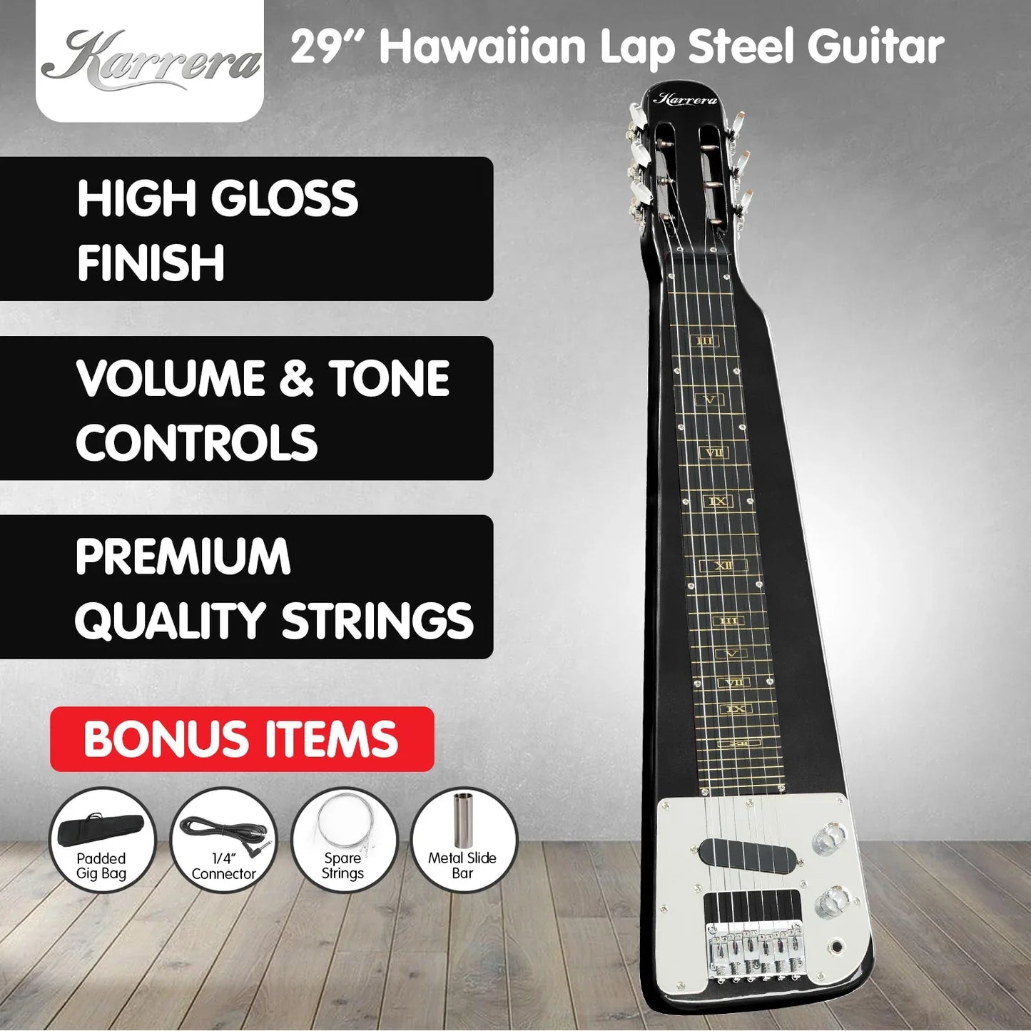 Karrera 29in 6-String Lap Steel Hawaiian Guitar - Black - Mekamart Australia