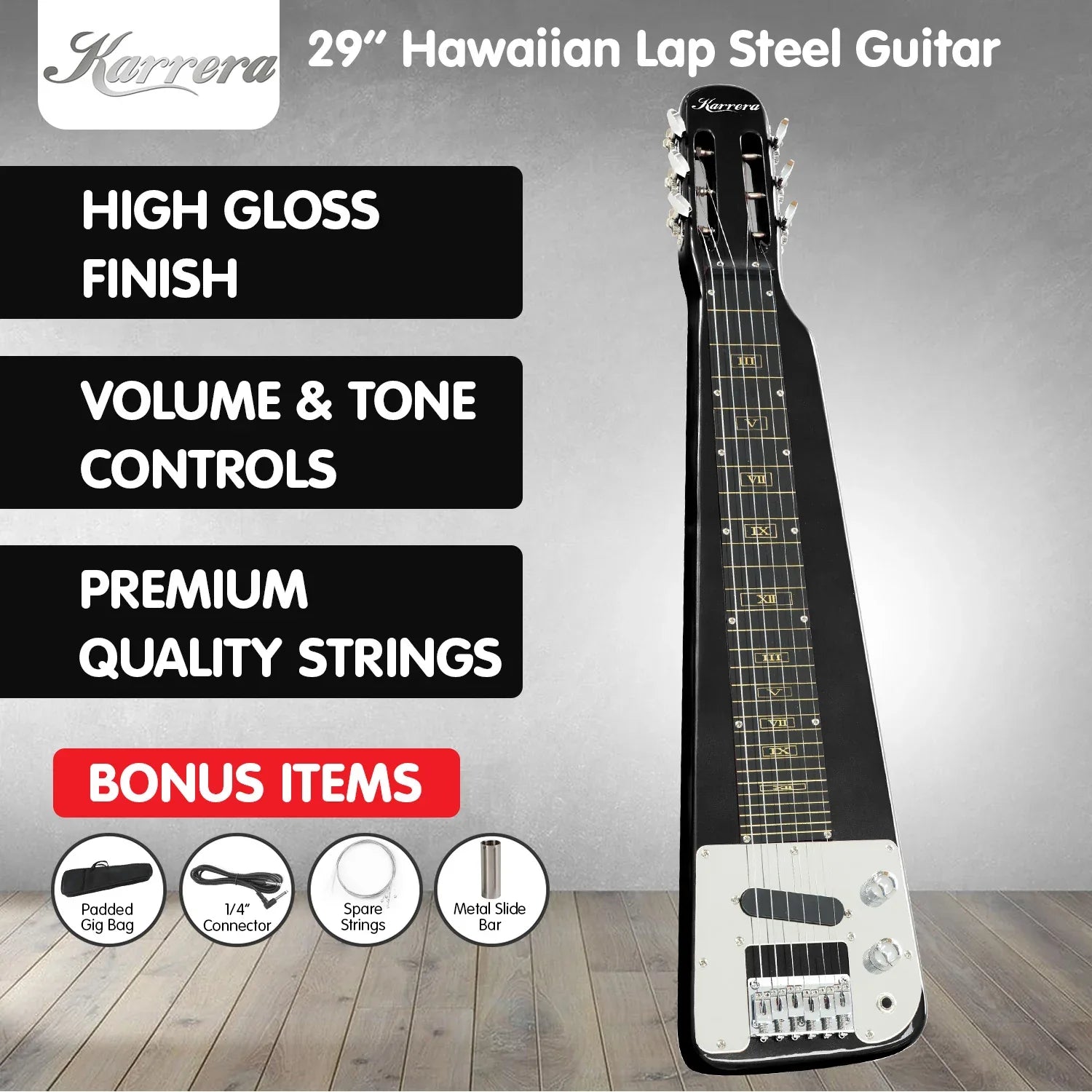 Karrera 29in 6-String Lap Steel Hawaiian Guitar - Black - Mekamart Australia