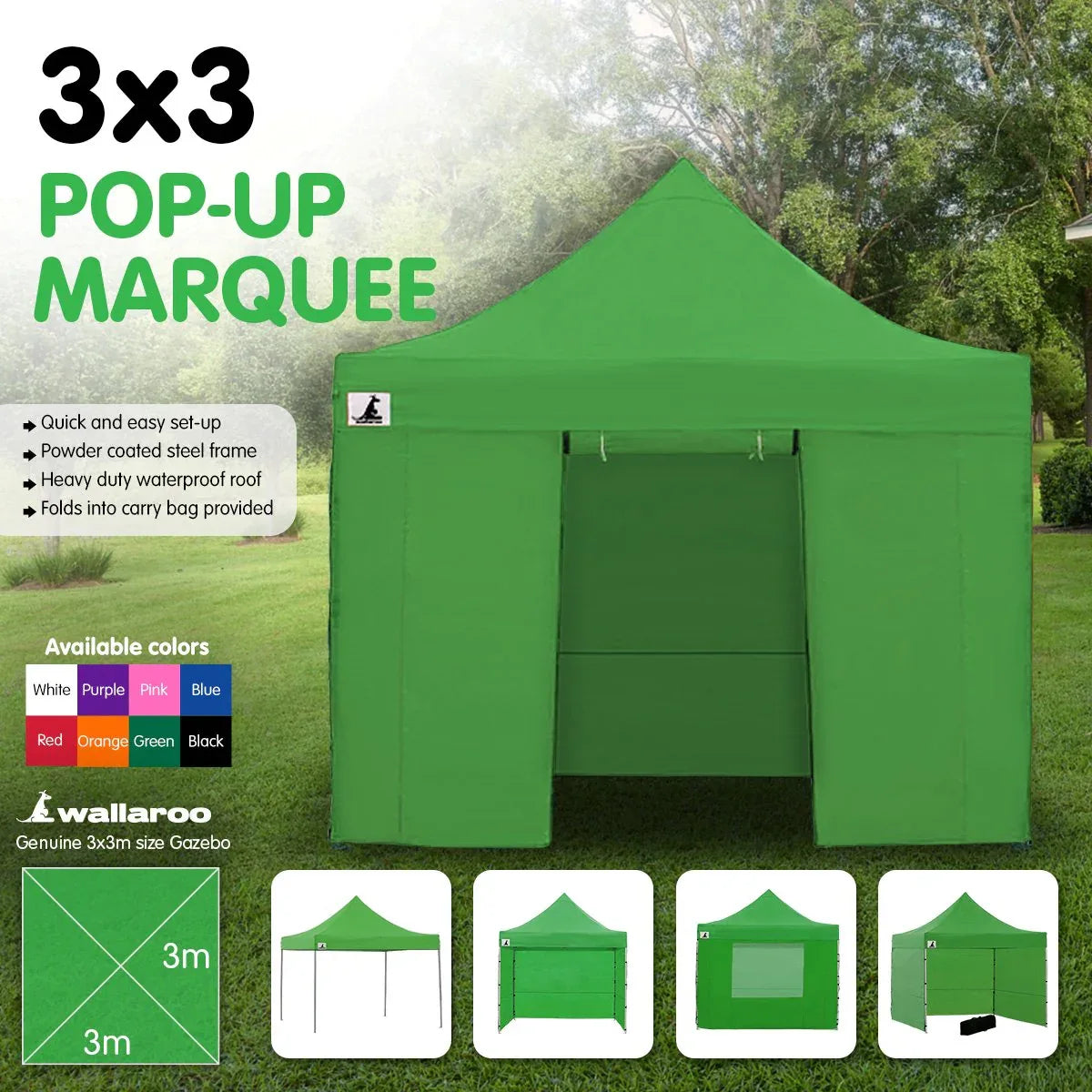 Wallaroo Gazebo Tent Marquee 3x3 Popup Outdoor - Green - Mekamart Australia
