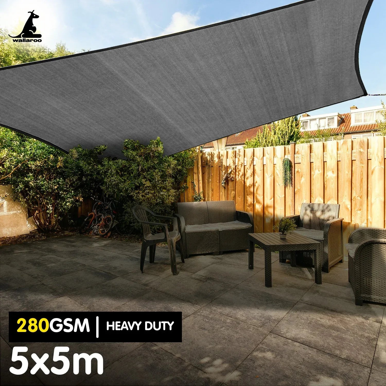 Wallaroo 280gsm Outdoor Square Sun Shade Sail Canopy Grey - 5m X 5m - Mekamart Australia