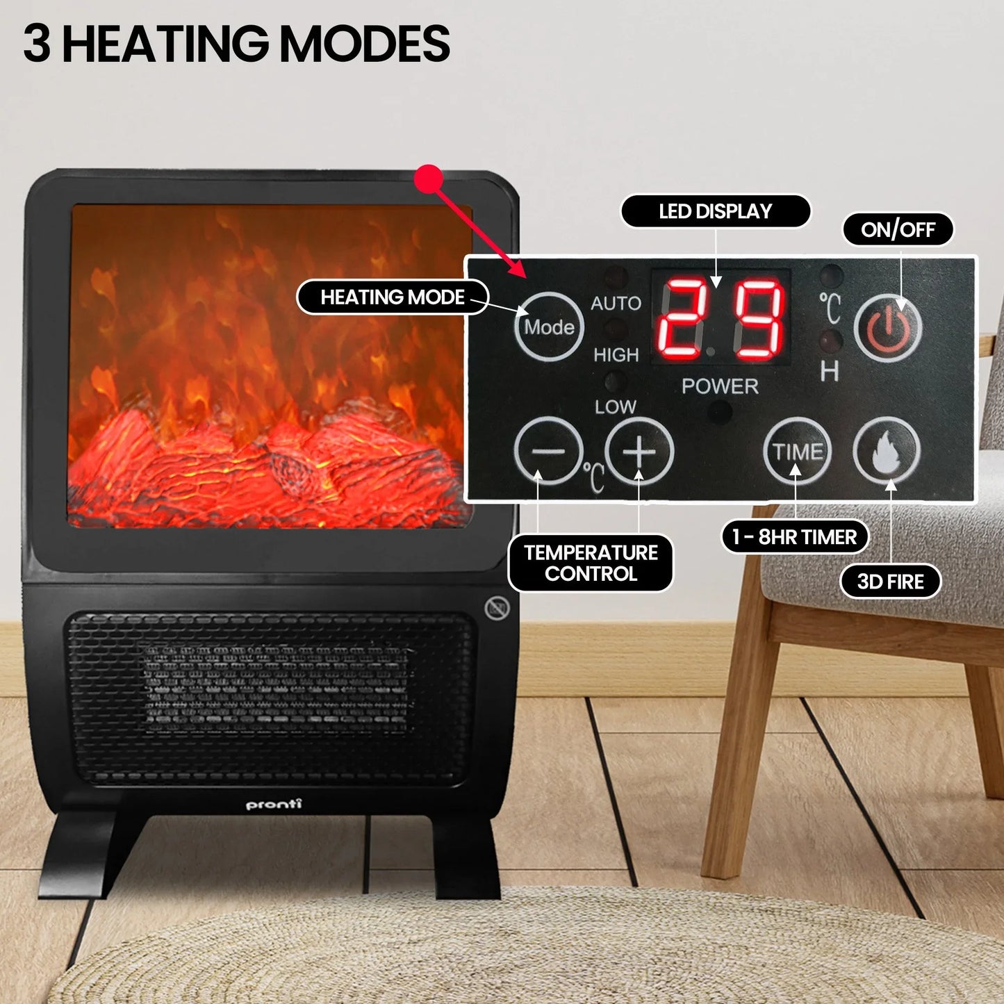 Pronti 2000W 3D Fire PTC Electric Portable Room Heater - Mekamart Australia