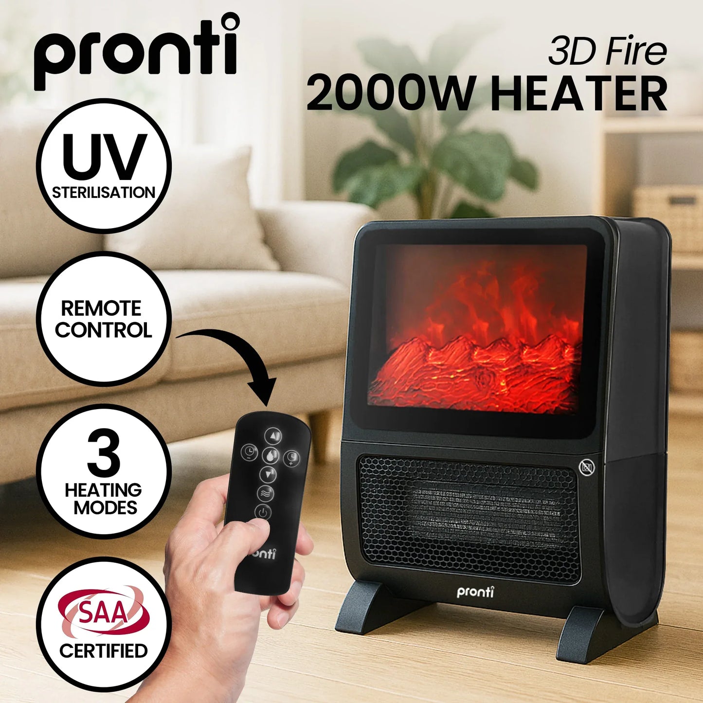 Pronti 2000W 3D Fire PTC Electric Portable Room Heater - Mekamart Australia