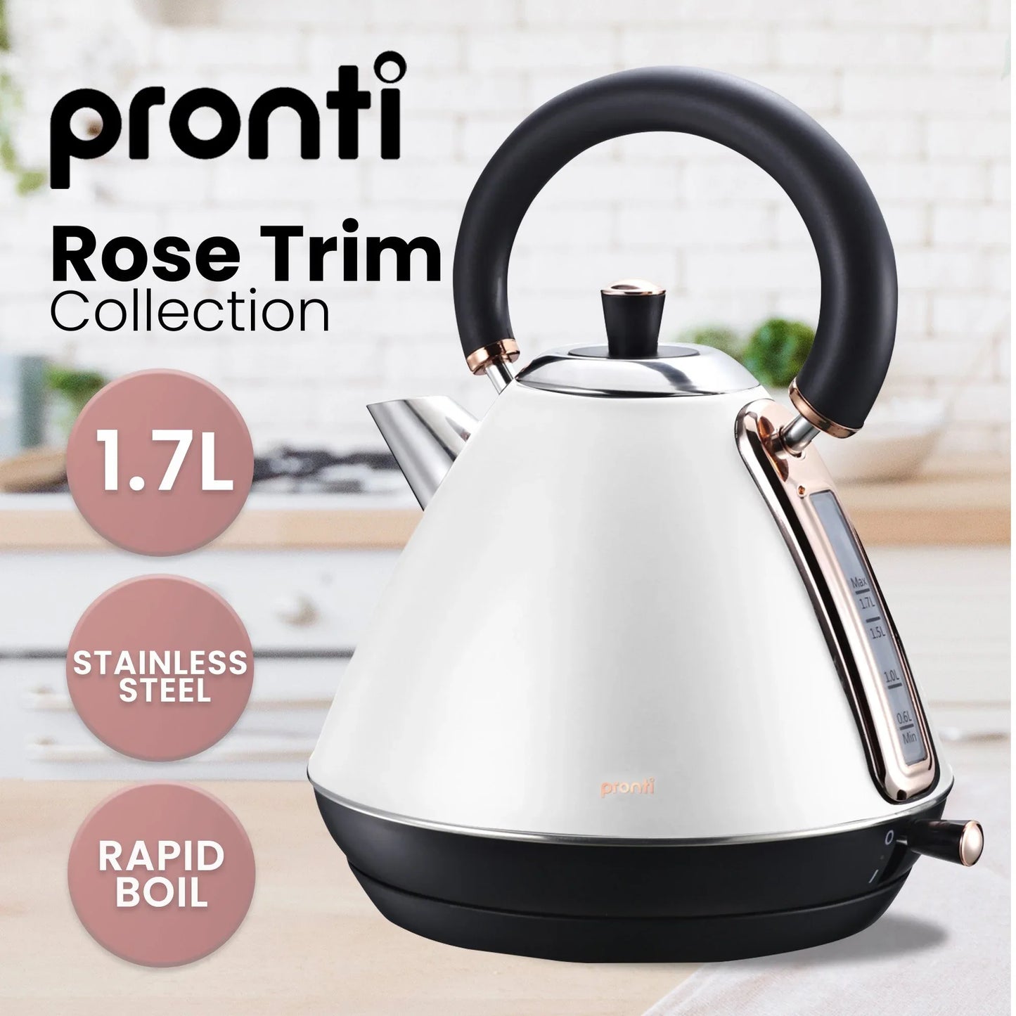 Pronti Breakfast Set with Rose Gold Kettle & Toaster with 1.2L Espresso Machine - White - Mekamart Australia