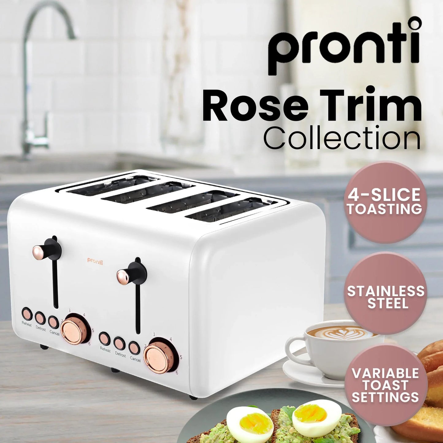 Pronti Breakfast Set with Rose Gold Kettle & Toaster with 1.2L Espresso Machine - White - Mekamart Australia