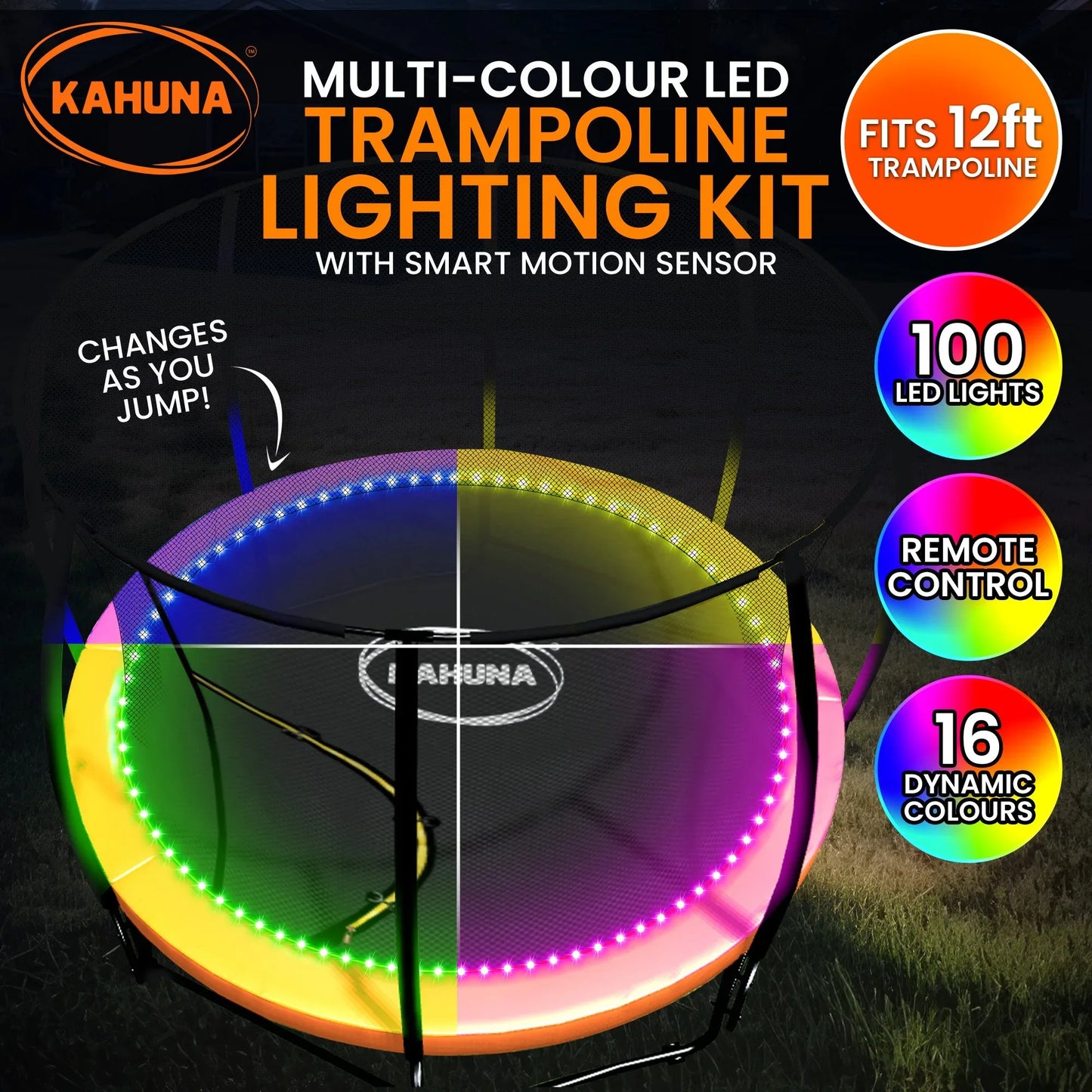 Kahuna LED Kit Suits 12ft Trampolines Multi-Colour Smart Motion Sensor Lighting with 16 colours - Mekamart Australia