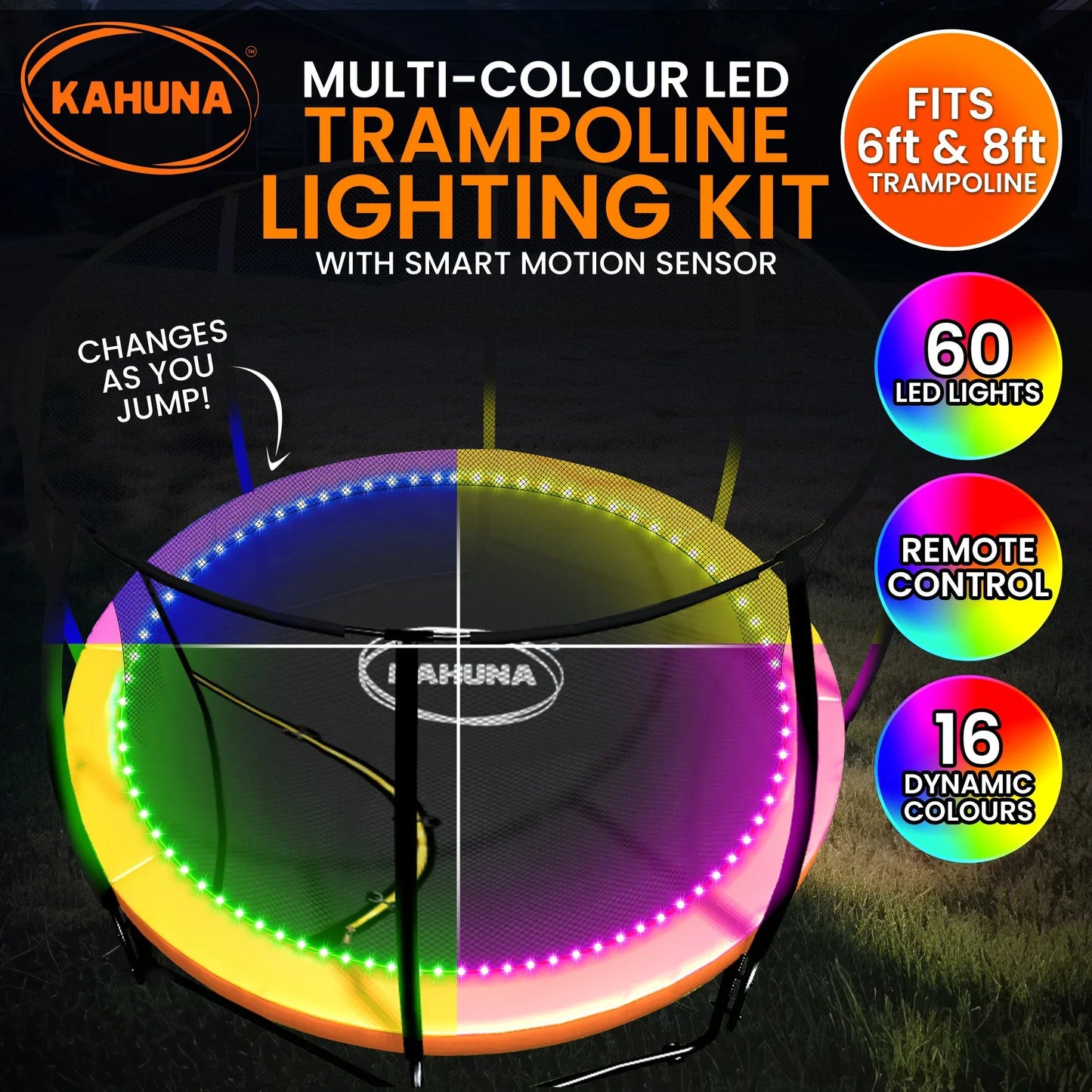 Kahuna LED Kit Suits 6ft-8ft Trampolines Multi-Colour Smart Motion Sensor Lighting with 16 colours - Mekamart Australia
