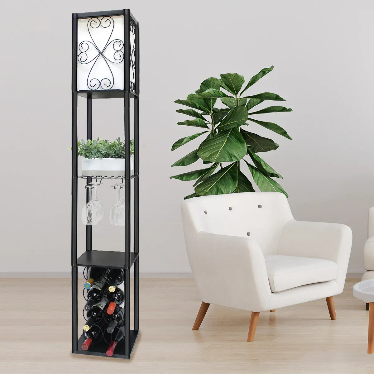 Sarantino Metal Etagere Floor Lamp with Wine Holder Shelf - Mekamart Australia
