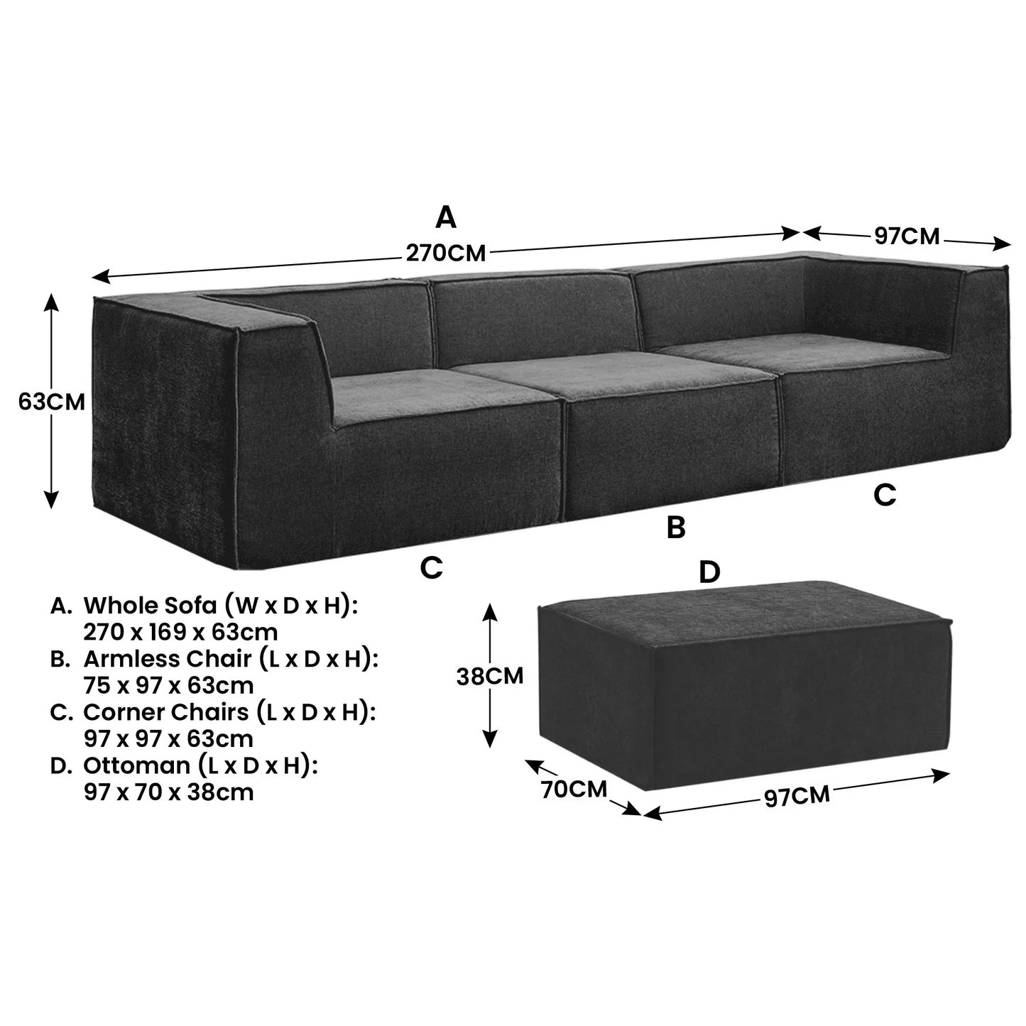 Sarantino Novi 3-Seater Modular Sofa with Ottoman in Black Non-Slip Bottom Lounge - Mekamart Australia