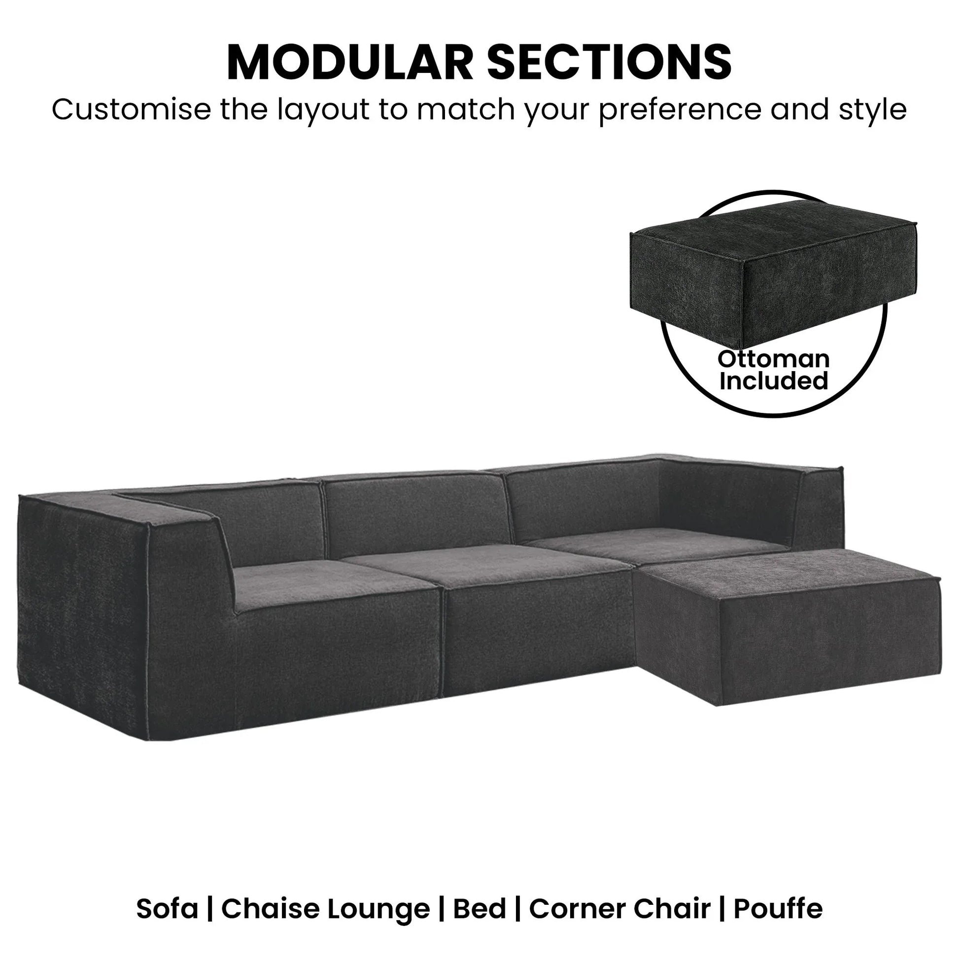 Sarantino Novi 3-Seater Modular Sofa with Ottoman in Black Non-Slip Bottom Lounge - Mekamart Australia