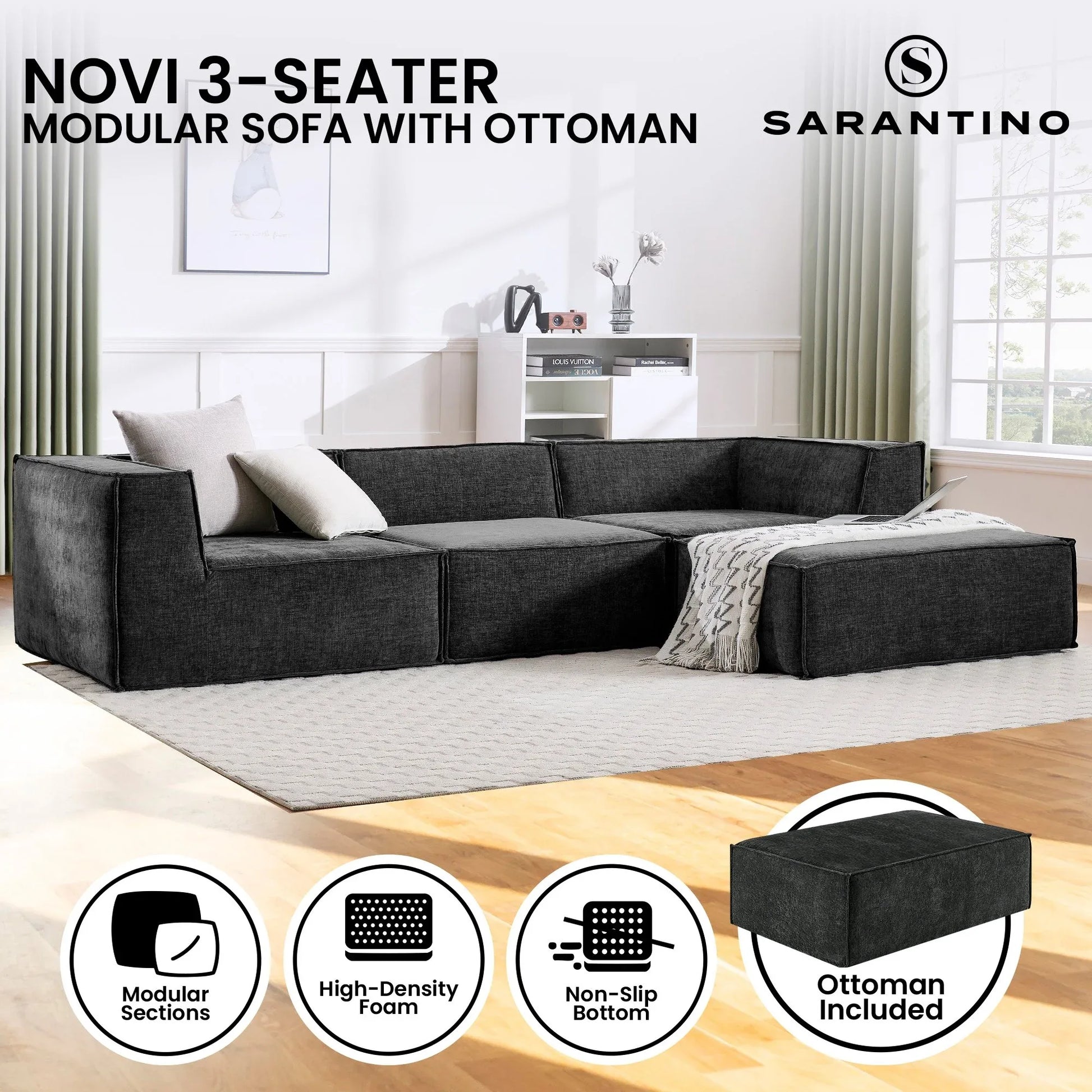 Sarantino Novi 3-Seater Modular Sofa with Ottoman in Black Non-Slip Bottom Lounge - Mekamart Australia