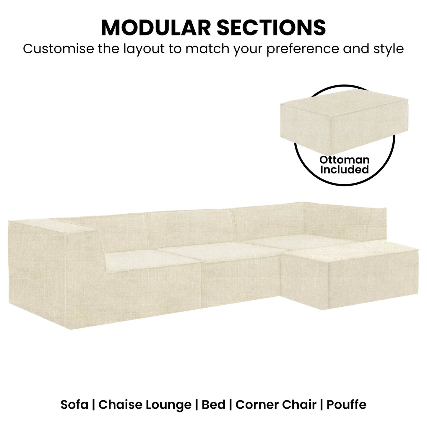 Sarantino Novi 3-Seater Modular Sofa with Ottoman in Cream Non-Slip Bottom Lounge - Mekamart Australia