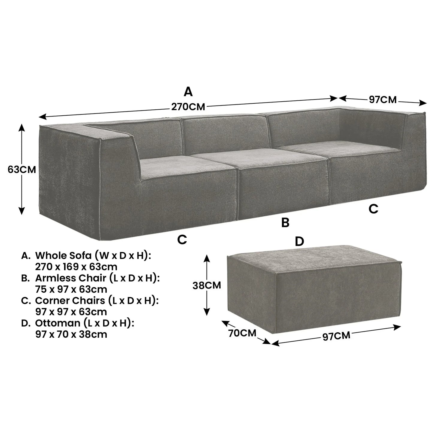 Sarantino Novi 3-Seater Modular Sofa with Ottoman in Grey Non-Slip Bottom Lounge - Mekamart Australia