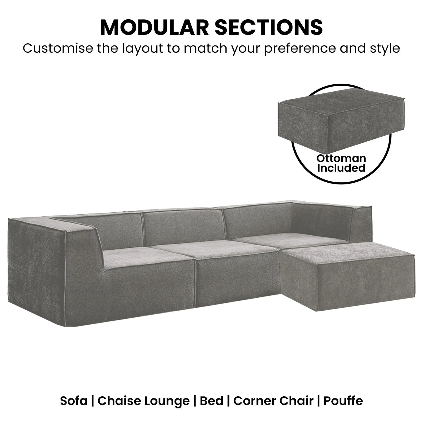 Sarantino Novi 3-Seater Modular Sofa with Ottoman in Grey Non-Slip Bottom Lounge - Mekamart Australia