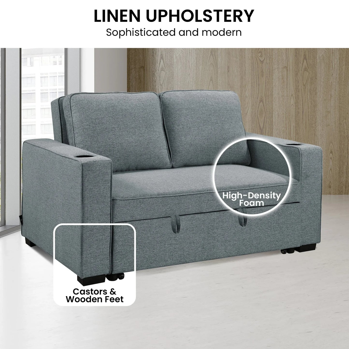 Sarantino Hoffman Linen Sofa Bed with Cushions & Cup Holders Airforce Blue - Mekamart Australia