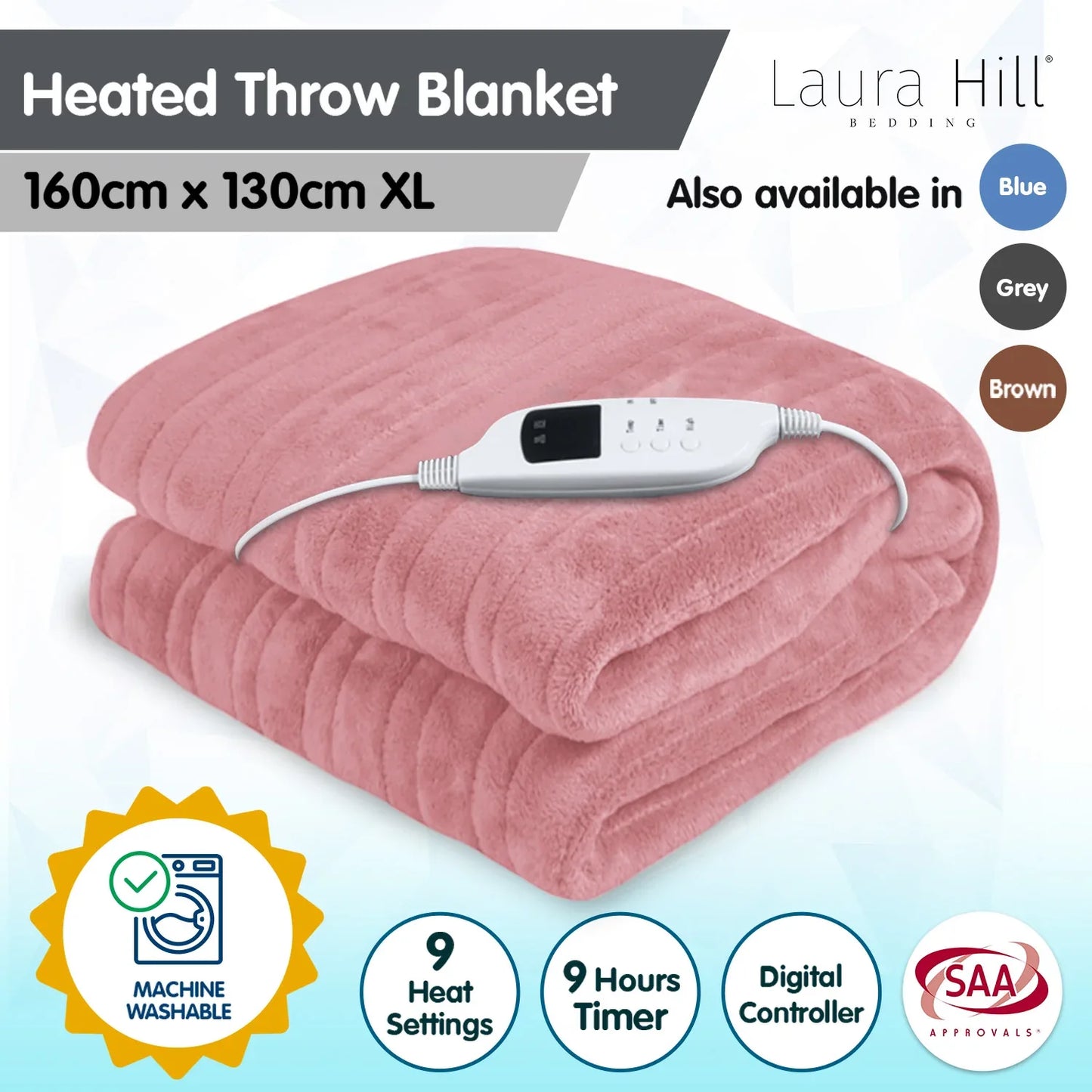Laura Hill Heated Electric Blanket Throw Rug Coral Warm Fleece Pink - Mekamart Australia