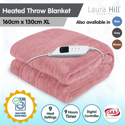 Laura Hill Heated Electric Blanket Throw Rug Coral Warm Fleece Pink - Mekamart Australia