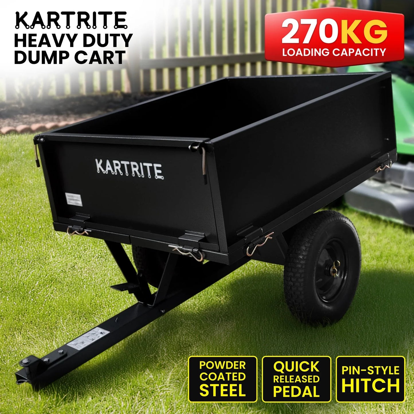 Kartrite Heavy Duty Dump Cart 270kg Capacity Pneumatic Tyres Quick Release Pedal Removable Tailgate Trailer for Garden - Mekamart Australia