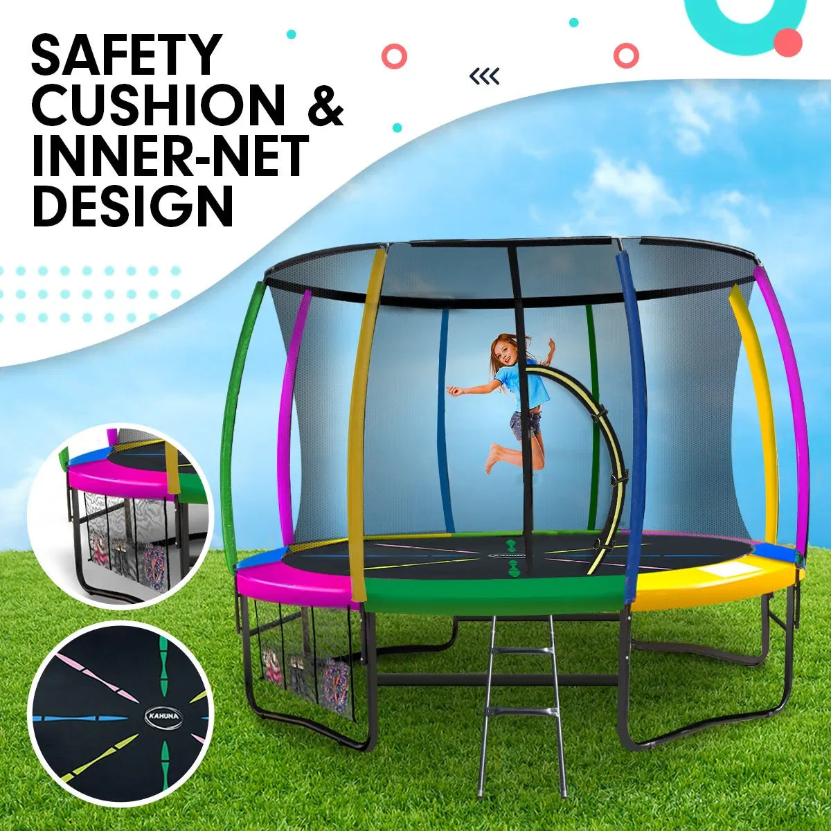 Kahuna 8ft Outdoor Rainbow Trampoline For Kids And Children Suited For Fitness Exercise Gymnastics With Safety Enclosure - Mekamart Australia