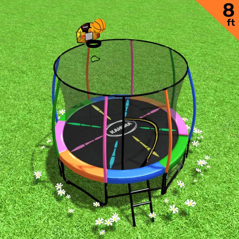 Kahuna 8ft Outdoor Trampoline Kids Children With Safety Enclosure Mat Pad Net Ladder Basketball Hoop Set - Rainbow - Mekamart Australia