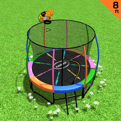 Kahuna 8ft Outdoor Trampoline Kids Children With Safety Enclosure Mat Pad Net Ladder Basketball Hoop Set - Rainbow - Mekamart Australia