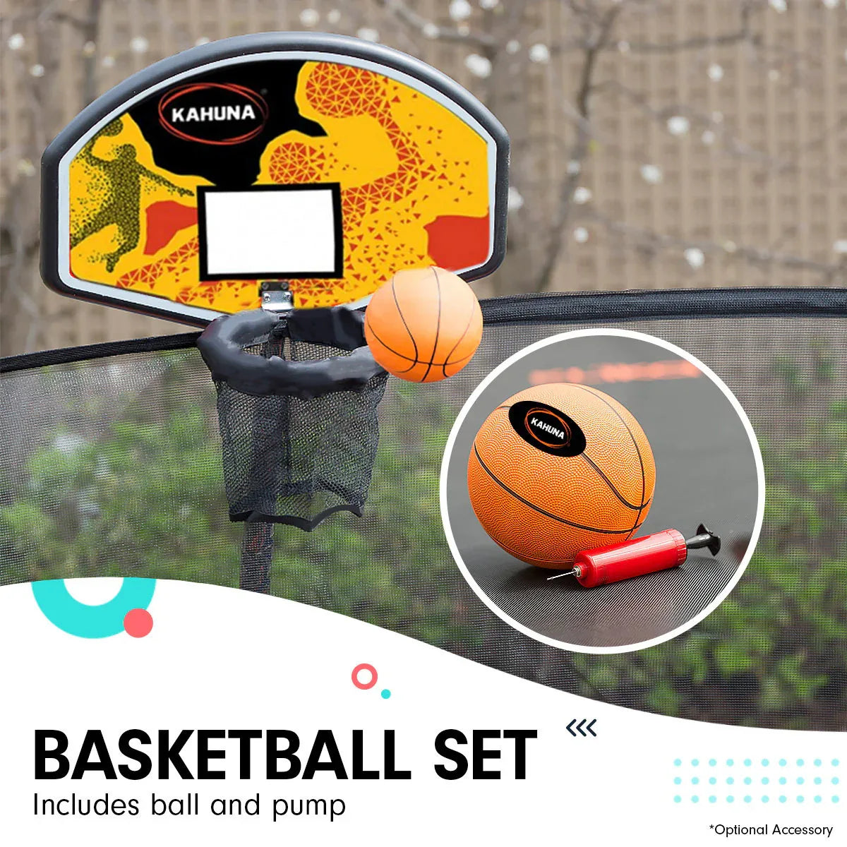 Kahuna 8ft Outdoor Trampoline Kids Children With Safety Enclosure Mat Pad Net Ladder Basketball Hoop Set - Rainbow - Mekamart Australia