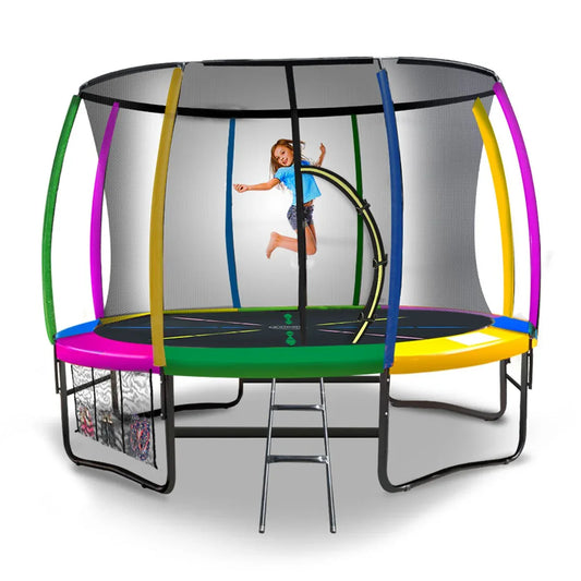 Kahuna 10ft Outdoor Trampoline Kids Children With Safety Enclosure Pad Mat Ladder - Rainbow - Mekamart Australia
