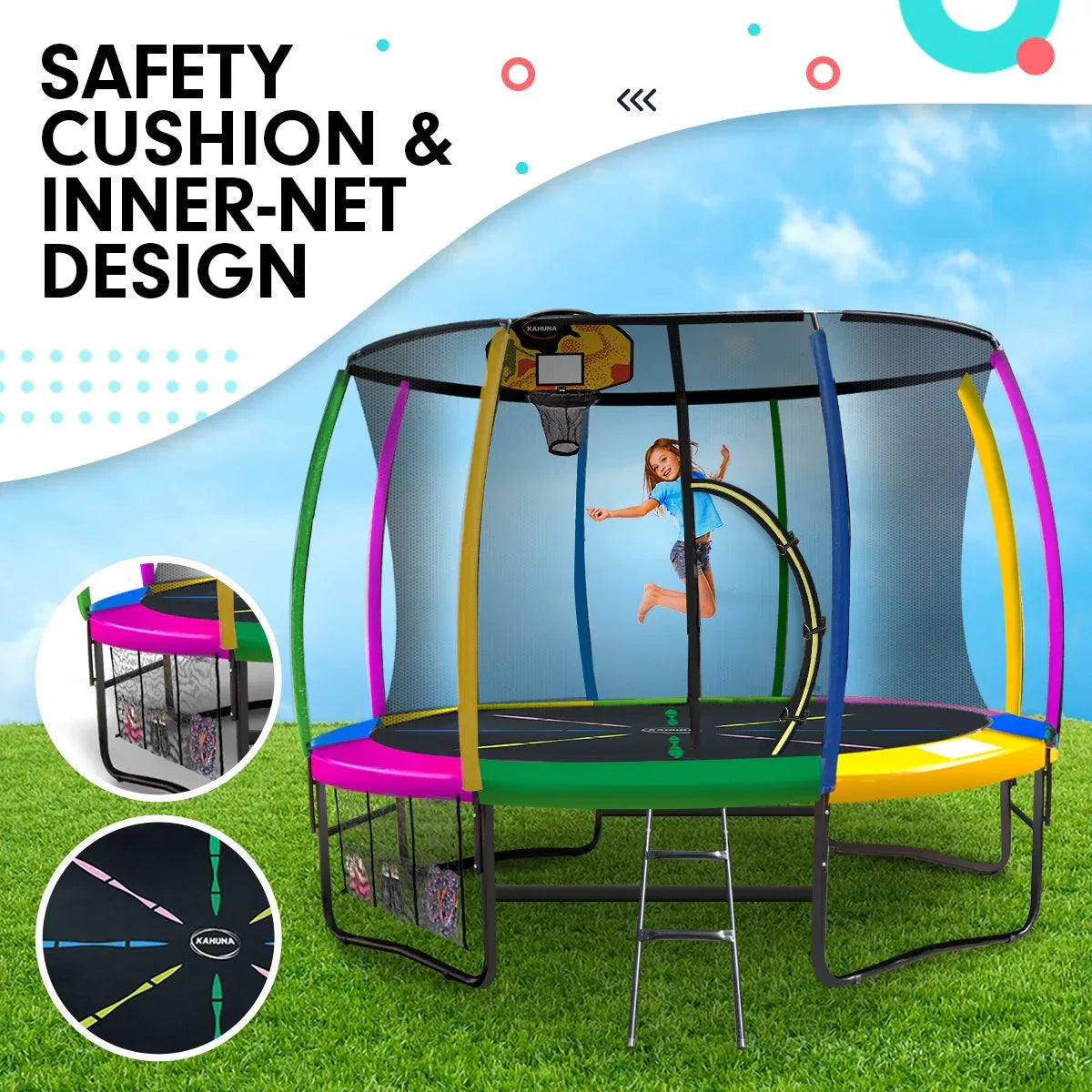 Kahuna 10ft Outdoor Trampoline Kids Children With Safety Enclosure Pad Mat Ladder Basketball Hoop Set - Rainbow - Mekamart Australia