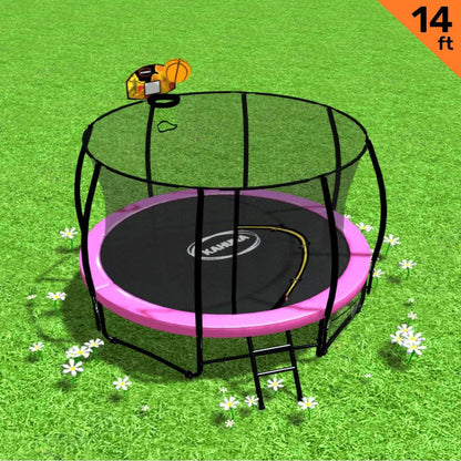 Kahuna 14ft Outdoor Trampoline Kids Children With Safety Enclosure Pad Mat Ladder Basketball Hoop Set - Pink - Mekamart Australia