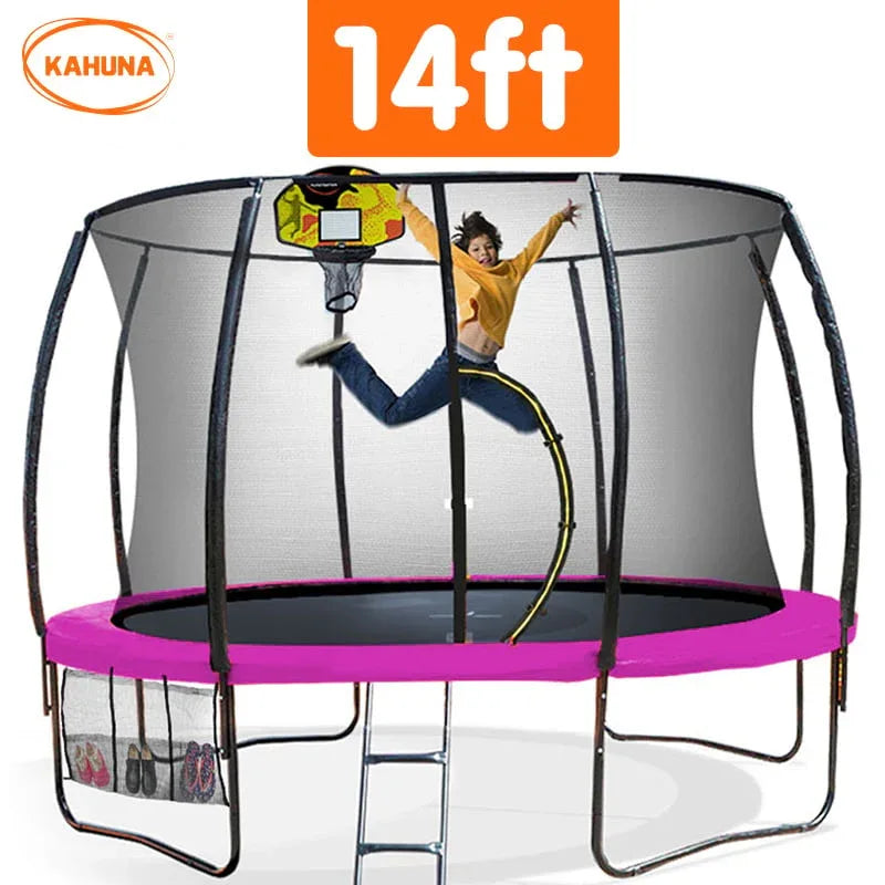 Kahuna 14ft Outdoor Trampoline Kids Children With Safety Enclosure Pad Mat Ladder Basketball Hoop Set - Pink - Mekamart Australia