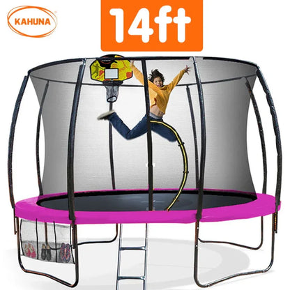 Kahuna 14ft Outdoor Trampoline Kids Children With Safety Enclosure Pad Mat Ladder Basketball Hoop Set - Pink - Mekamart Australia