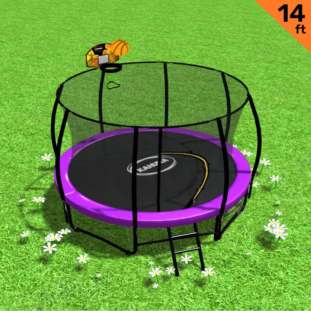 Kahuna 14ft Outdoor Trampoline Kids Children With Safety Enclosure Pad Mat Ladder Basketball Hoop Set - Purple - Mekamart Australia