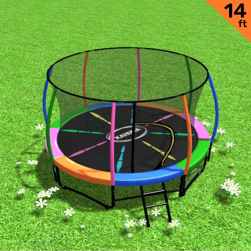 Kahuna 14ft Trampoline Free Ladder Spring Mat Net Safety Pad Cover Round Enclosure - Rainbow - Mekamart Australia
