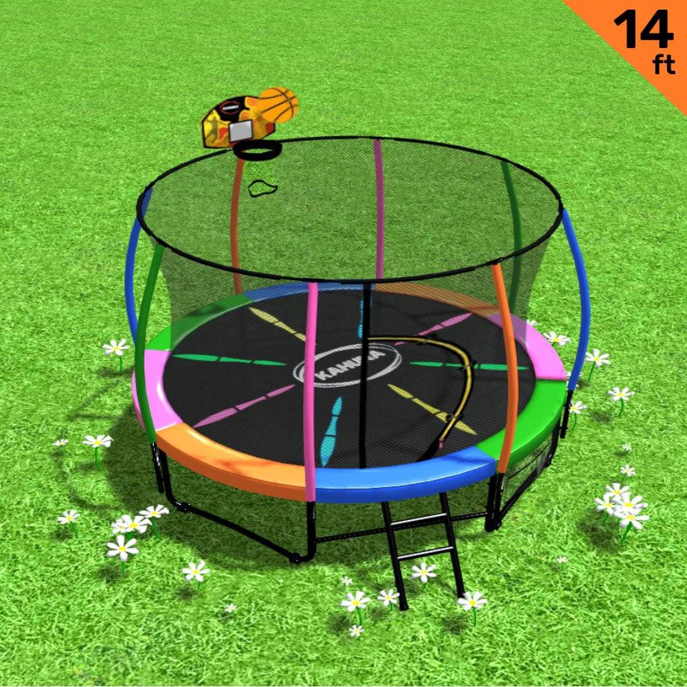 Kahuna 14ft Outdoor Trampoline Kids Children With Safety Enclosure Pad Mat Ladder Basketball Hoop Set - Rainbow - Mekamart Australia