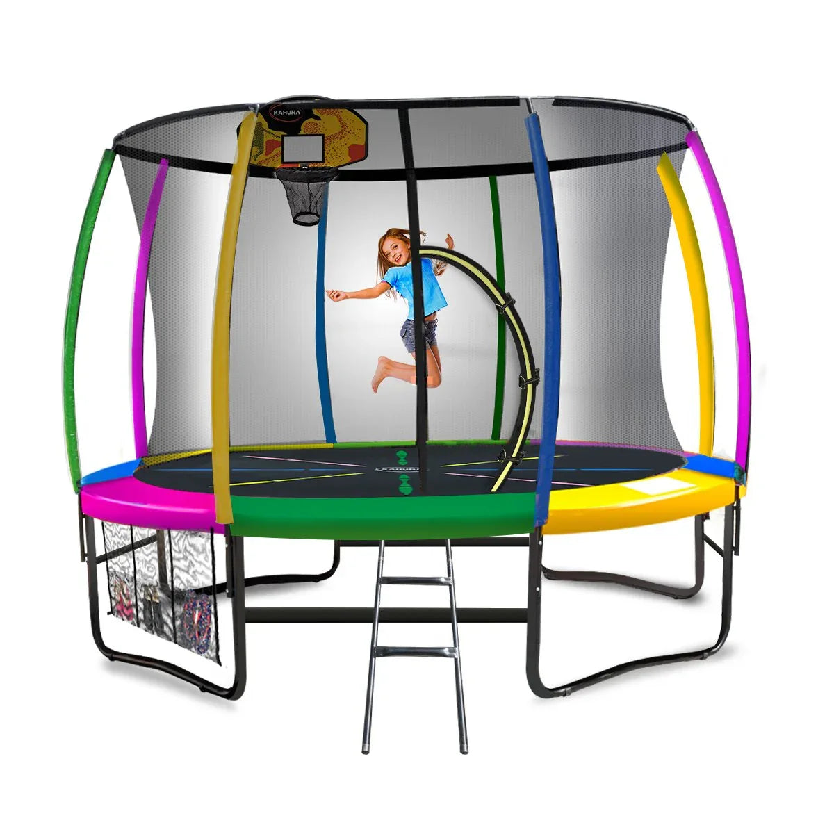 Kahuna 14ft Outdoor Trampoline Kids Children With Safety Enclosure Pad Mat Ladder Basketball Hoop Set - Rainbow - Mekamart Australia