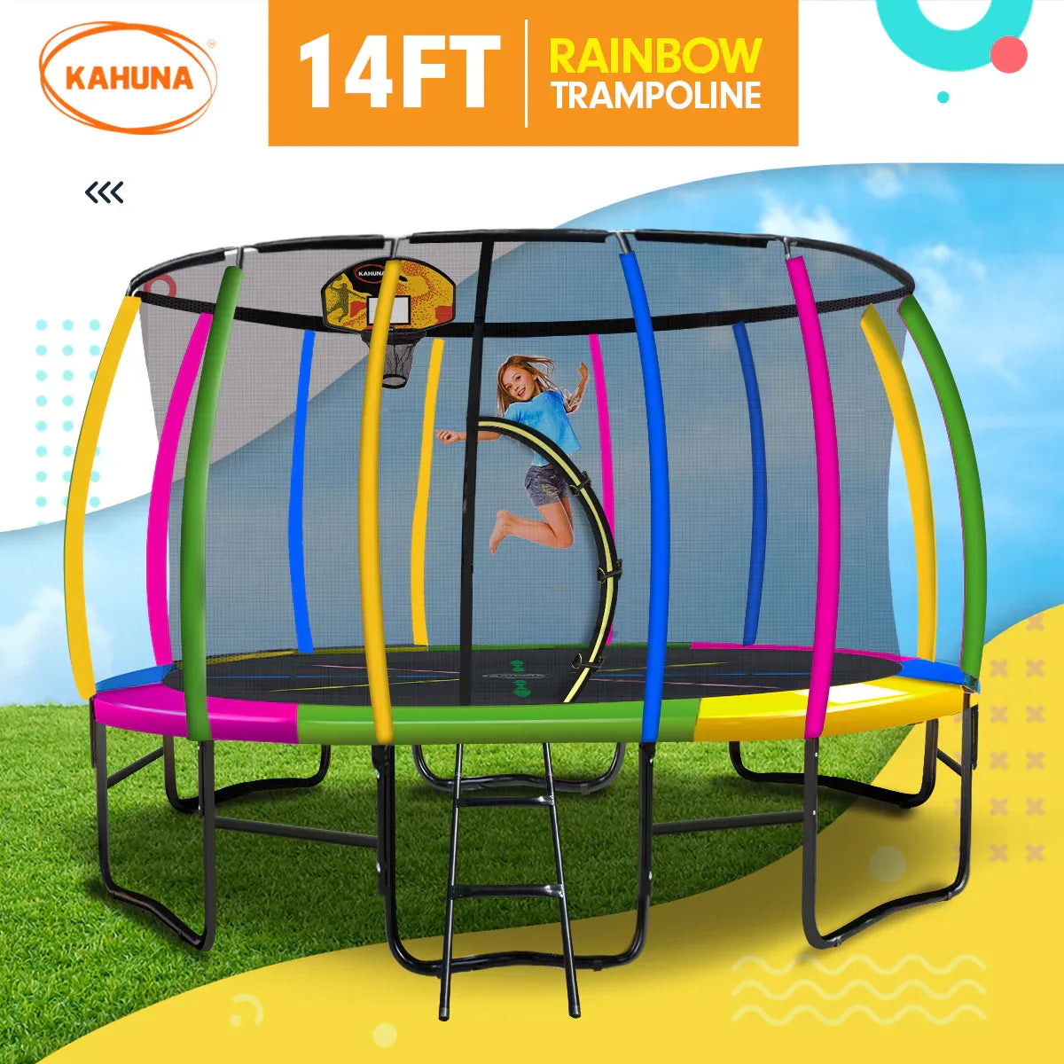 Kahuna 14ft Outdoor Trampoline Kids Children With Safety Enclosure Pad Mat Ladder Basketball Hoop Set - Rainbow - Mekamart Australia