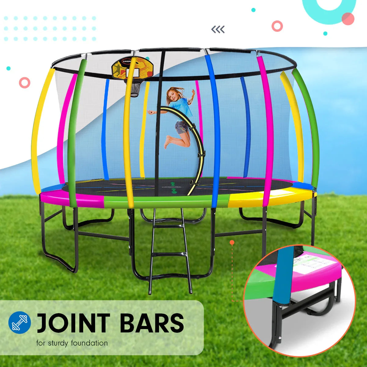 Kahuna 14ft Outdoor Trampoline Kids Children With Safety Enclosure Pad Mat Ladder Basketball Hoop Set - Rainbow - Mekamart Australia