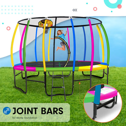 Kahuna 14ft Outdoor Trampoline Kids Children With Safety Enclosure Pad Mat Ladder Basketball Hoop Set - Rainbow - Mekamart Australia
